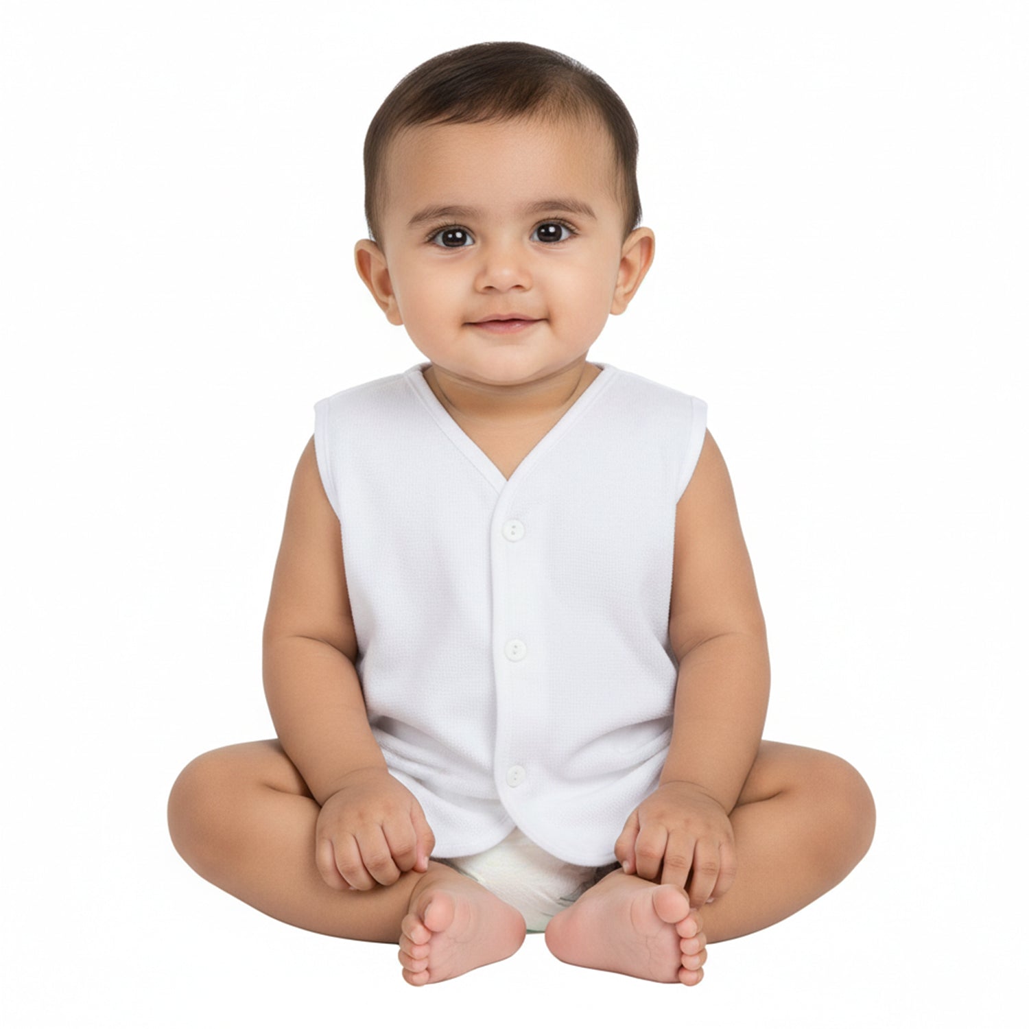 Baby Moo Solid V-Neck Sleeveless Front Opening Button Cotton Jhablas 5 Pcs - White