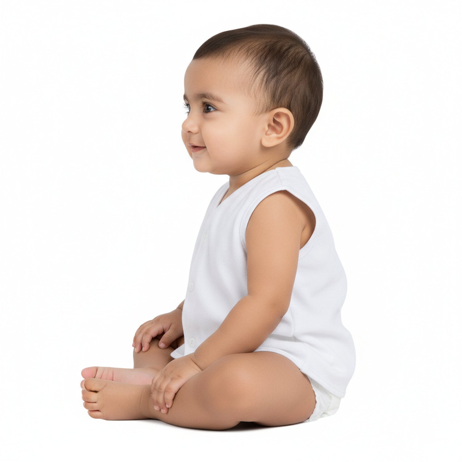 Baby Moo Solid V-Neck Sleeveless Front Opening Button Cotton Jhablas 5 Pcs - White
