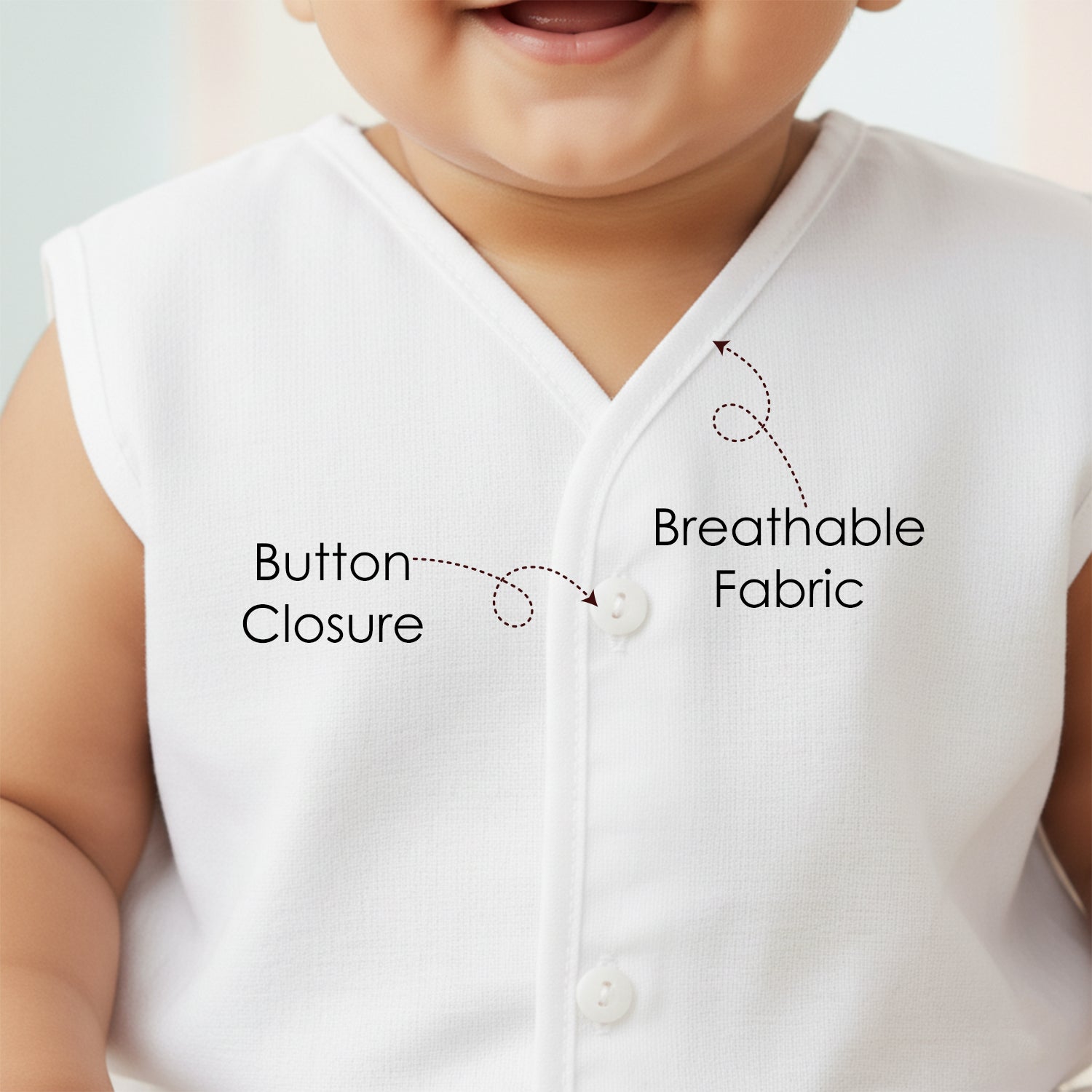 Baby Moo Solid V-Neck Sleeveless Front Opening Button Cotton Jhablas 5 Pcs - White