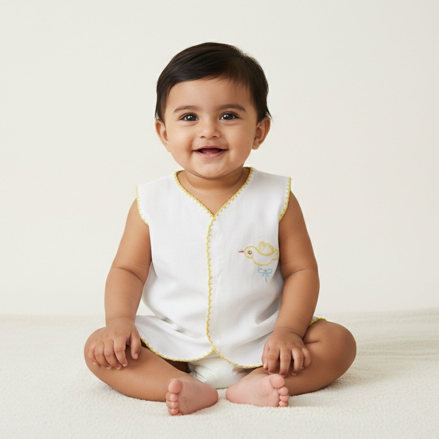 Baby Moo Animal Embroidery V-Neck Sleeveless Front Opening Button Cotton Jhablas 5 Pcs - Multicolour, White