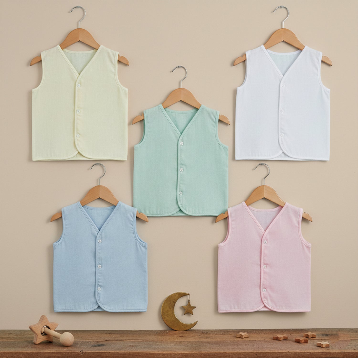 Baby Moo Solid V-Neck Sleeveless Front Opening Button Cotton Jhablas 5 Pcs - Blue, Multicolour