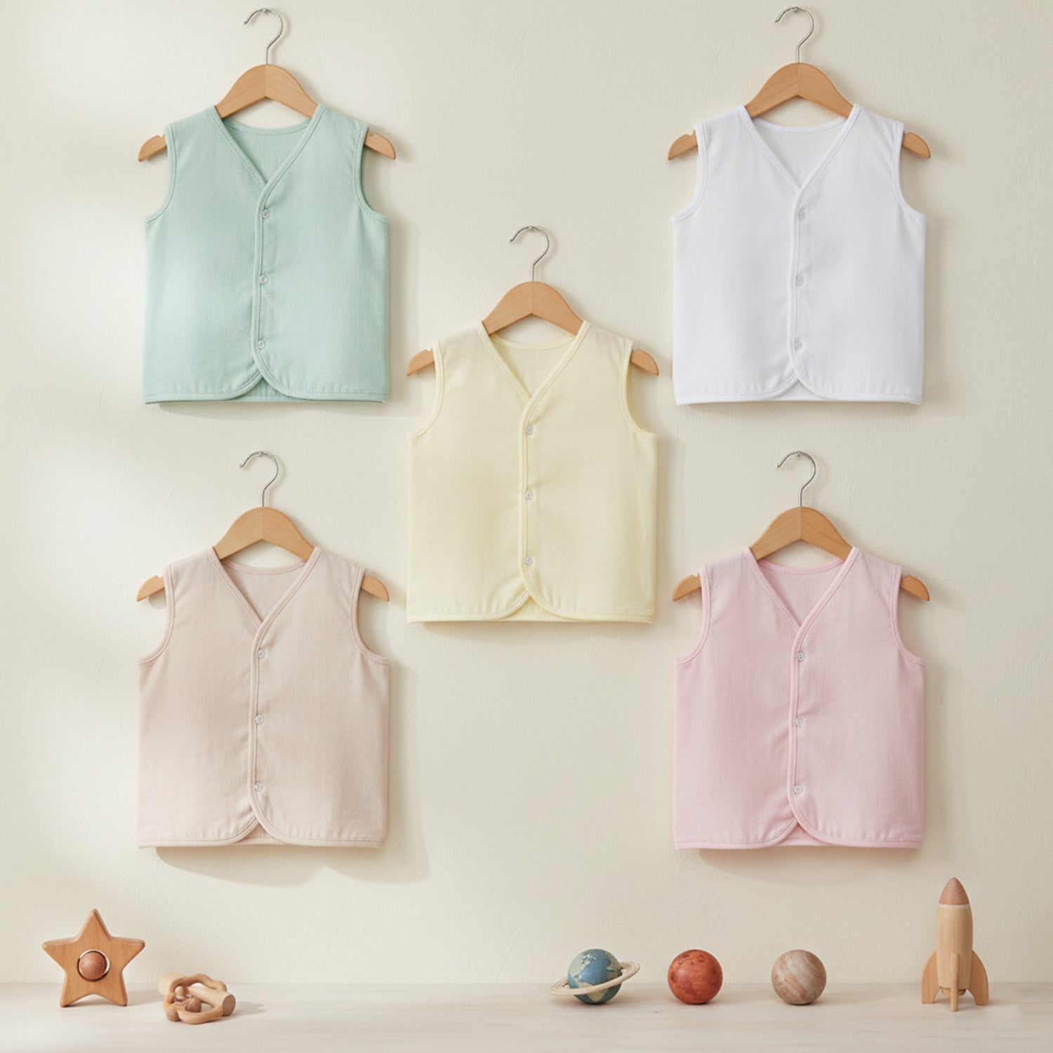 Baby Moo Solid V-Neck Sleeveless Front Opening Button Cotton Jhablas 5 Pcs - Pink, Multicolour