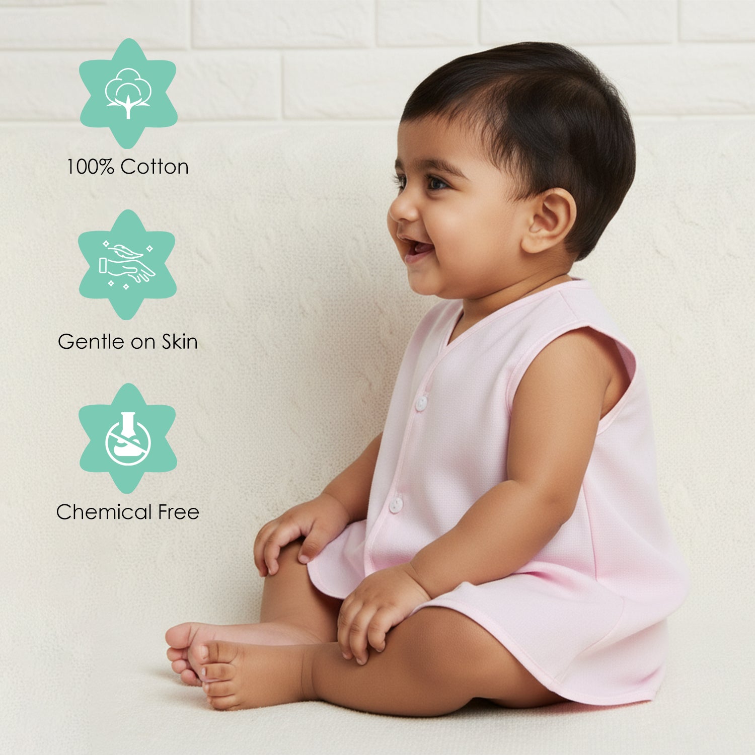 Baby Moo Solid V-Neck Sleeveless Front Opening Button Cotton Jhablas 5 Pcs - Pink, Multicolour