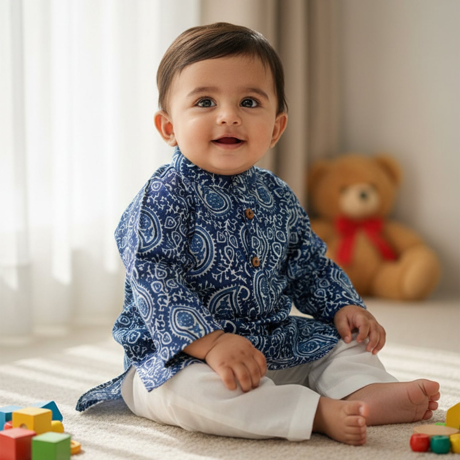 Baby Moo Butta Print Ethnic Kurta Pyjama Set - Blue