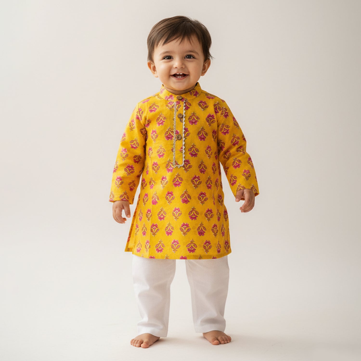Baby Moo Floral Print Ethnic Kurta Pyjama Set - Yellow