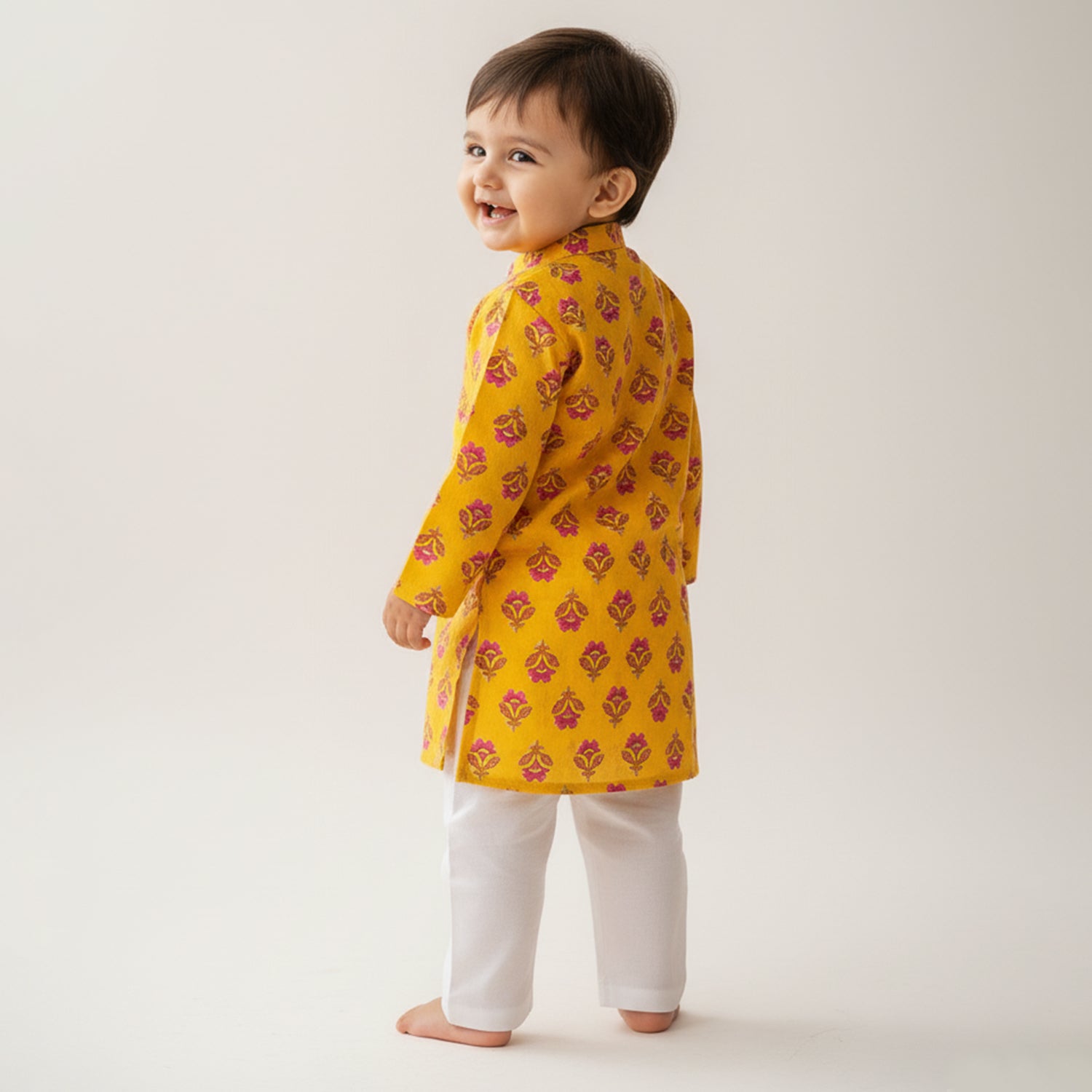 Baby Moo Floral Print Ethnic Kurta Pyjama Set - Yellow