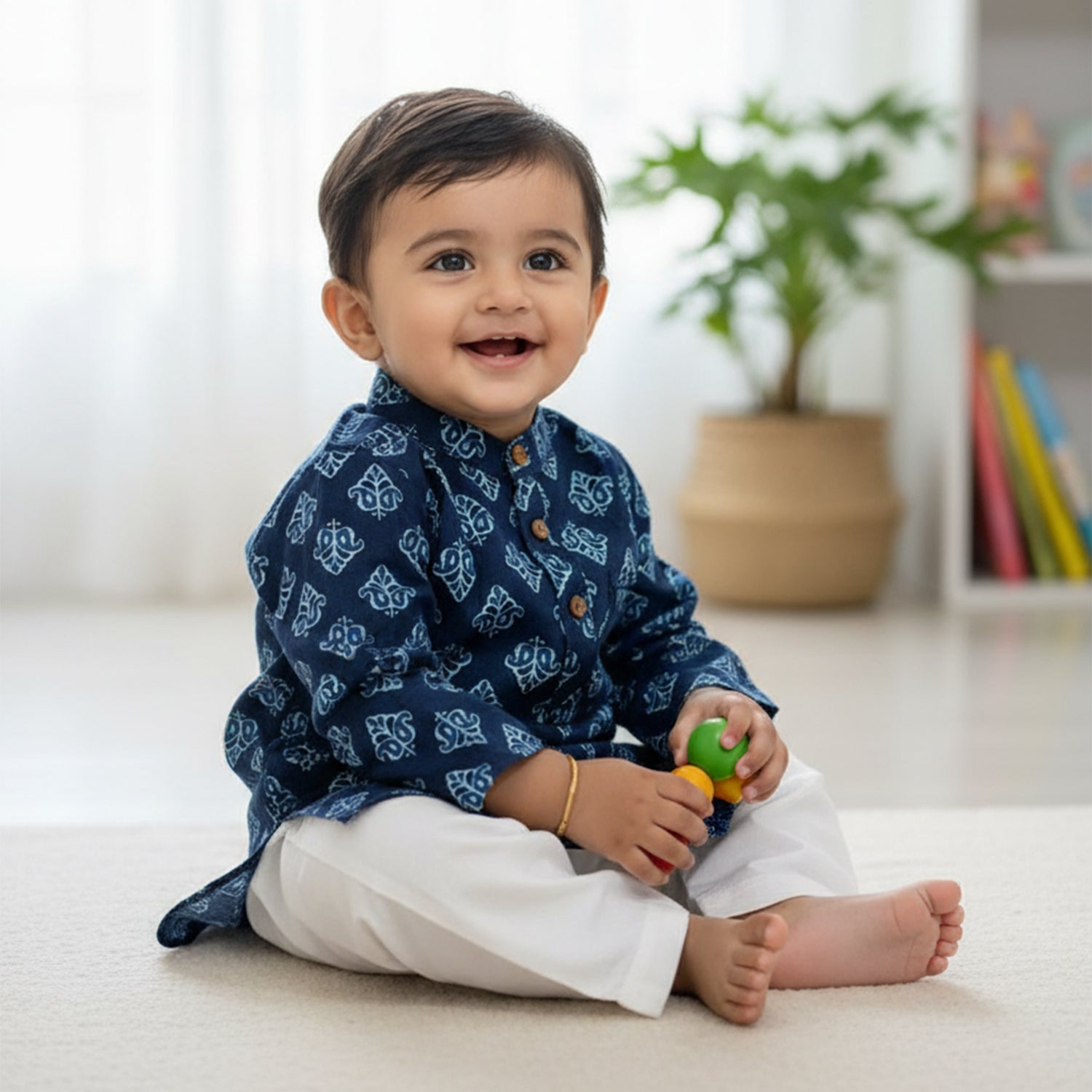 Baby Moo Indigo Print Ethnic Kurta Pyjama Set - Blue