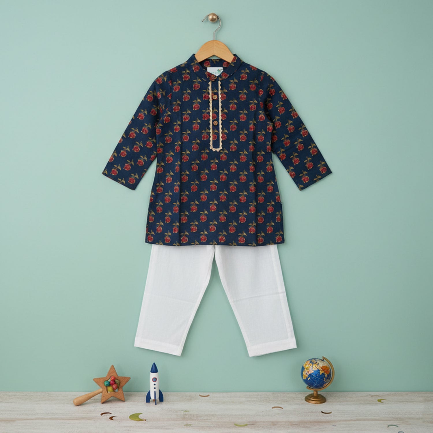 Baby Moo Rose Print Ethnic Kurta Pyjama Set - Navy Blue
