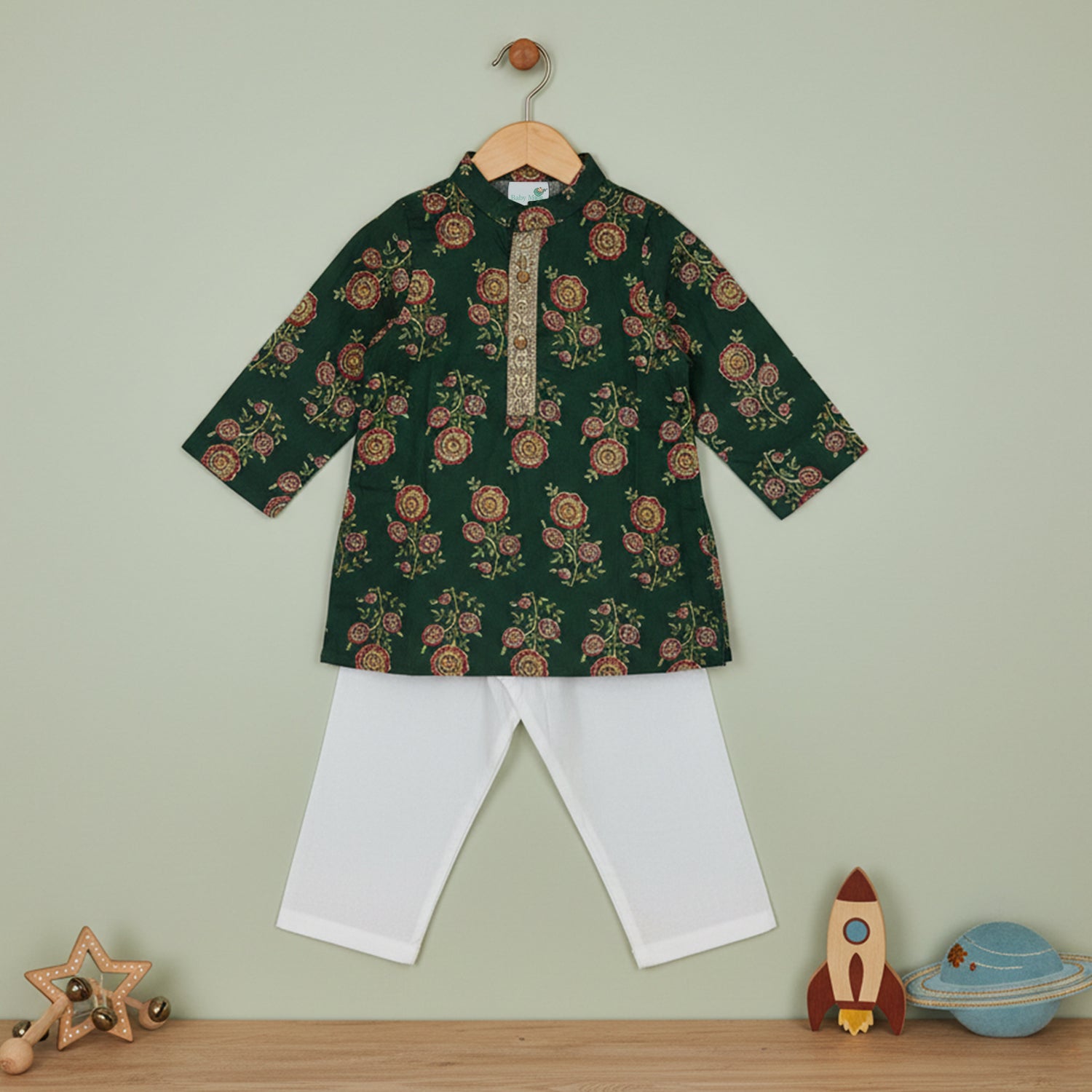 Baby Moo Rose Print Ethnic Kurta Pyjama Set - Green