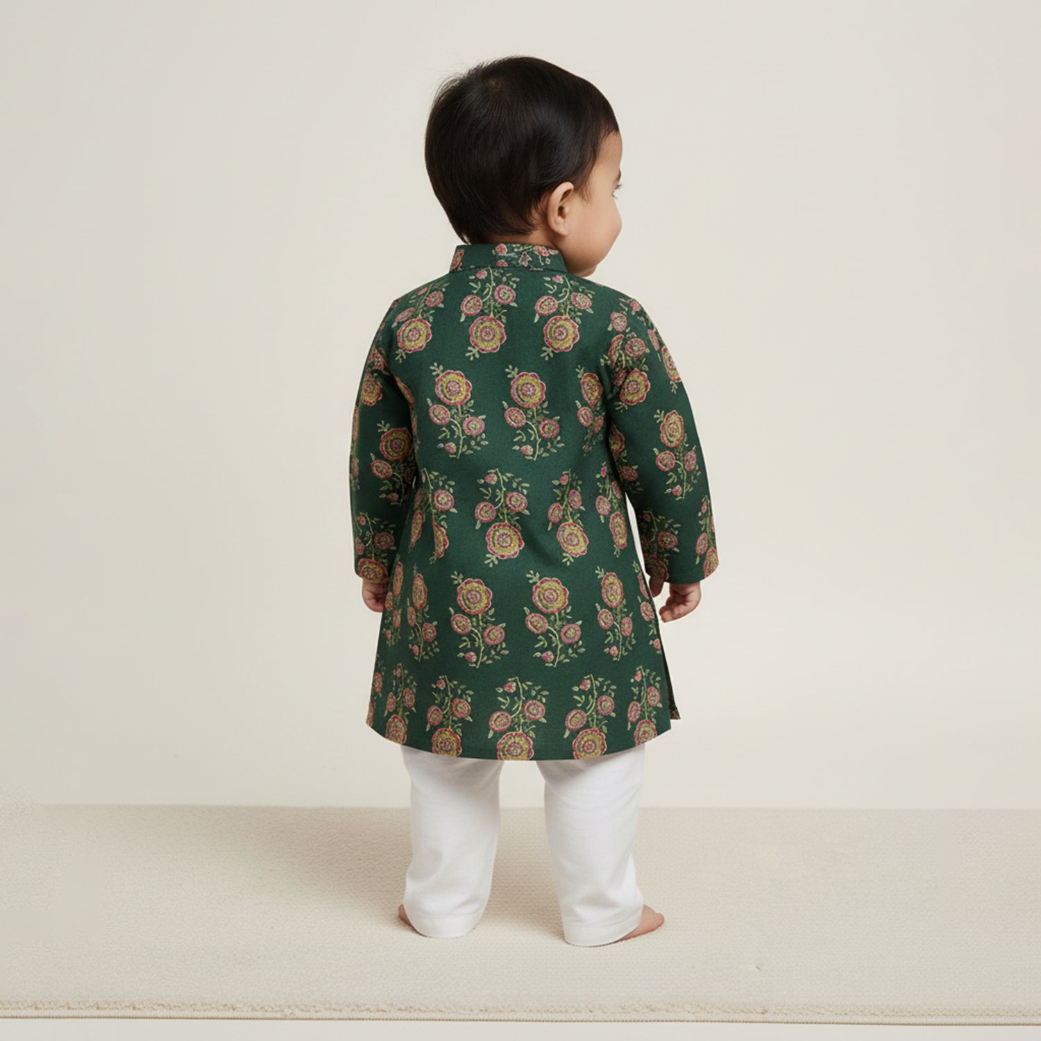 Baby Moo Rose Print Ethnic Kurta Pyjama Set - Green