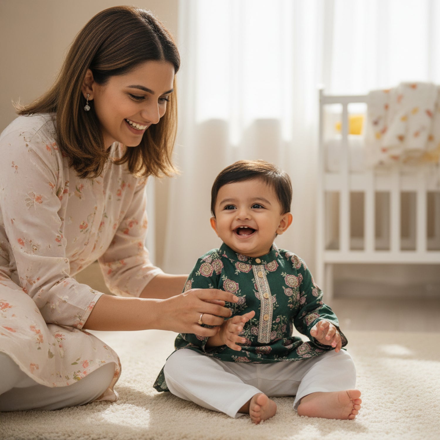 Baby Moo Rose Print Ethnic Kurta Pyjama Set - Green