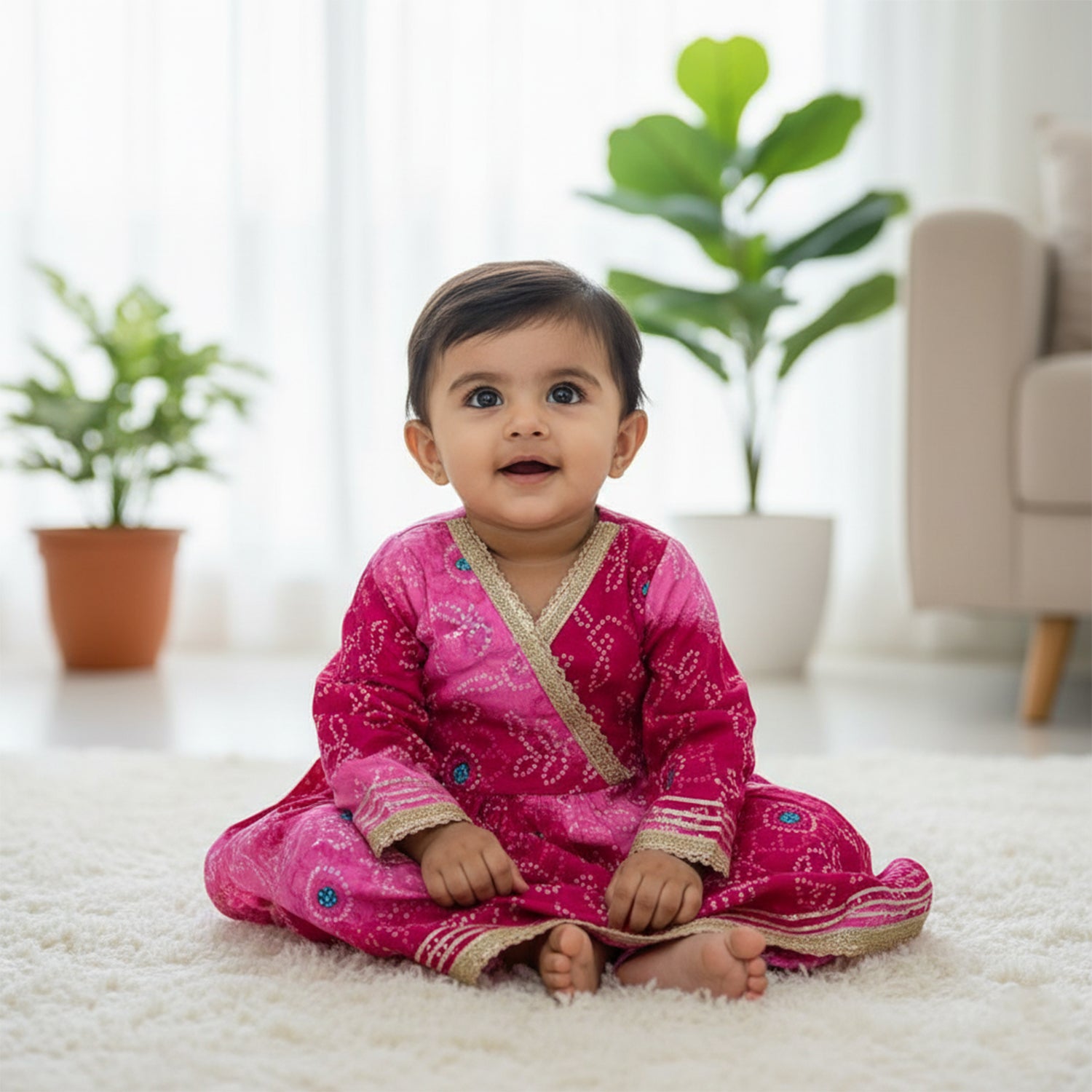 Baby Moo Bandhani Print Cotton Two Piece Girls Kurta Pant Set - Pink