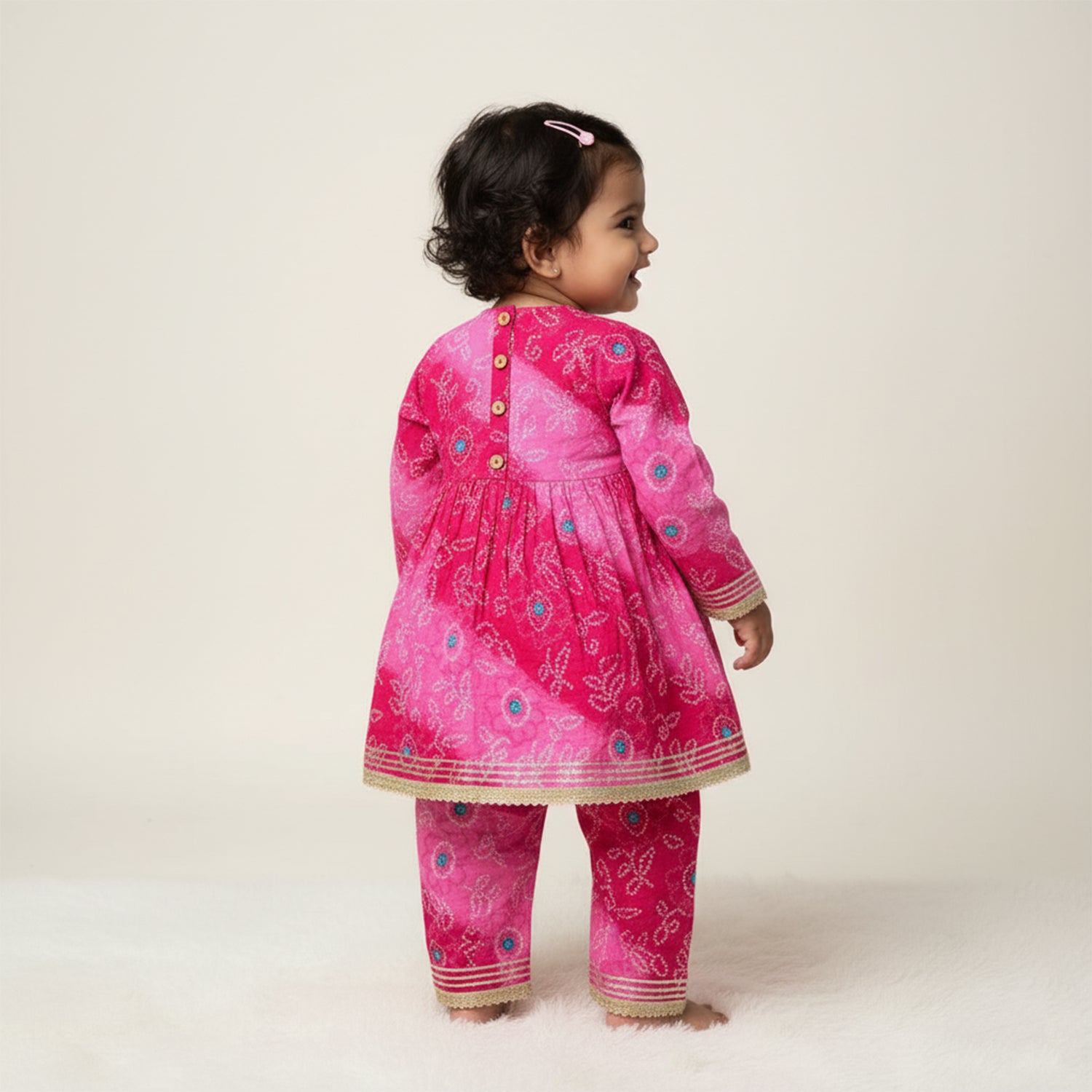 Baby Moo Bandhani Print Cotton Two Piece Girls Kurta Pant Set - Pink