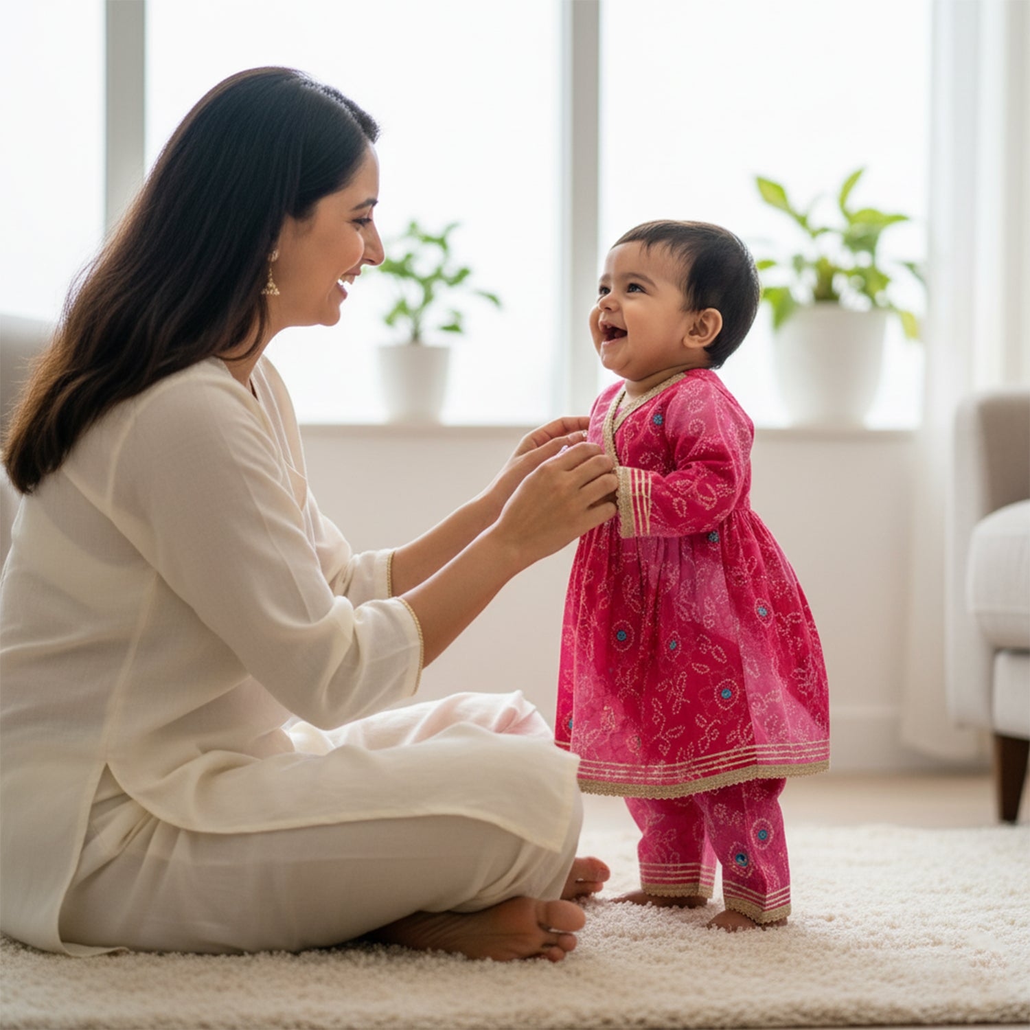 Baby Moo Bandhani Print Cotton Two Piece Girls Kurta Pant Set - Pink