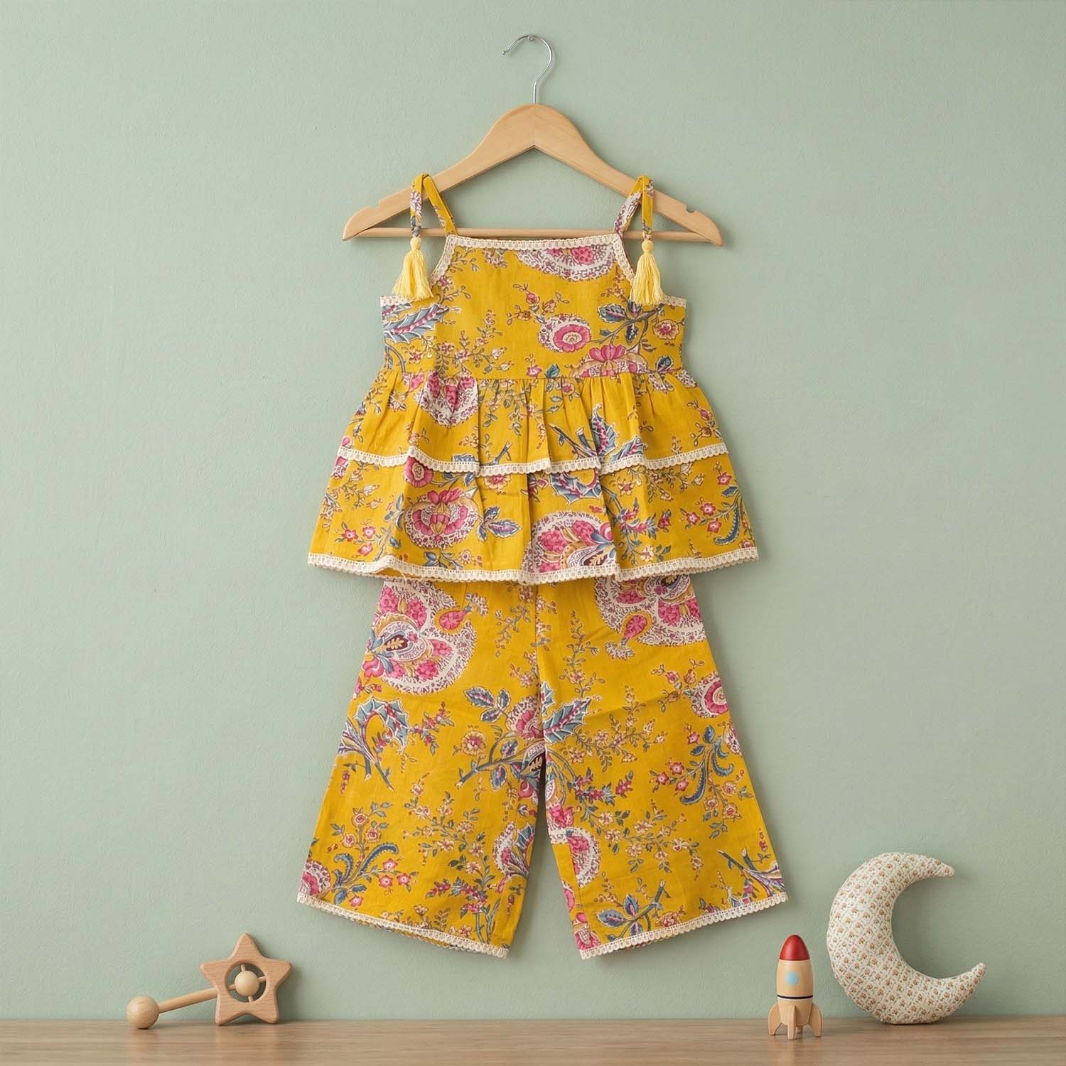 Baby Moo Floral Print Cotton Top & Pant Set - Mustard