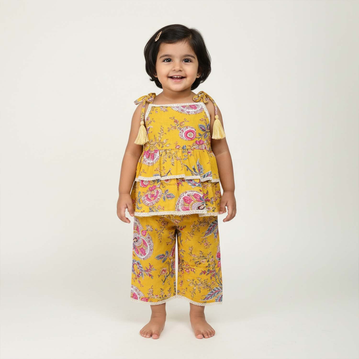 Baby Moo Floral Print Cotton Top & Pant Set - Mustard