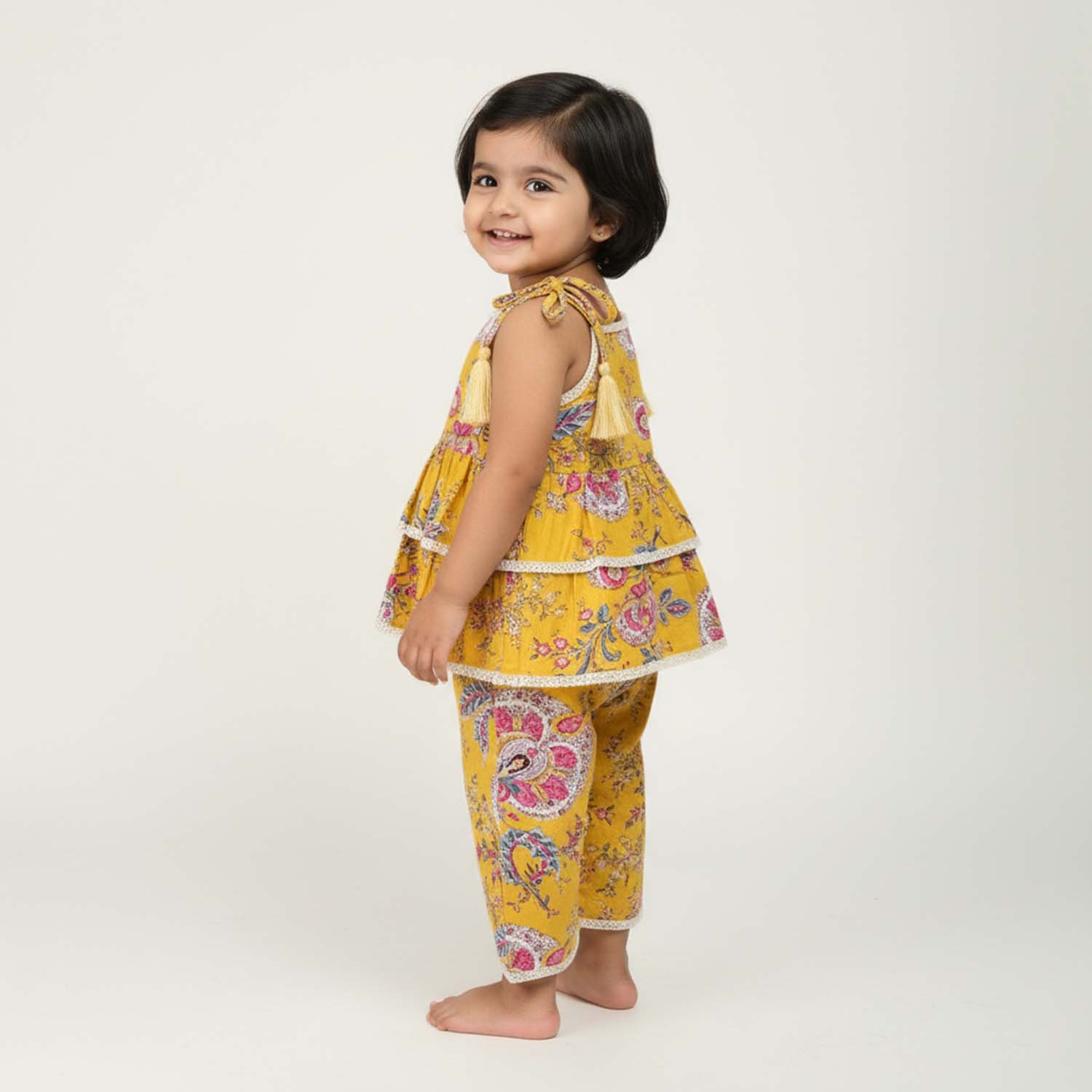 Baby Moo Floral Print Cotton Top & Pant Set - Mustard