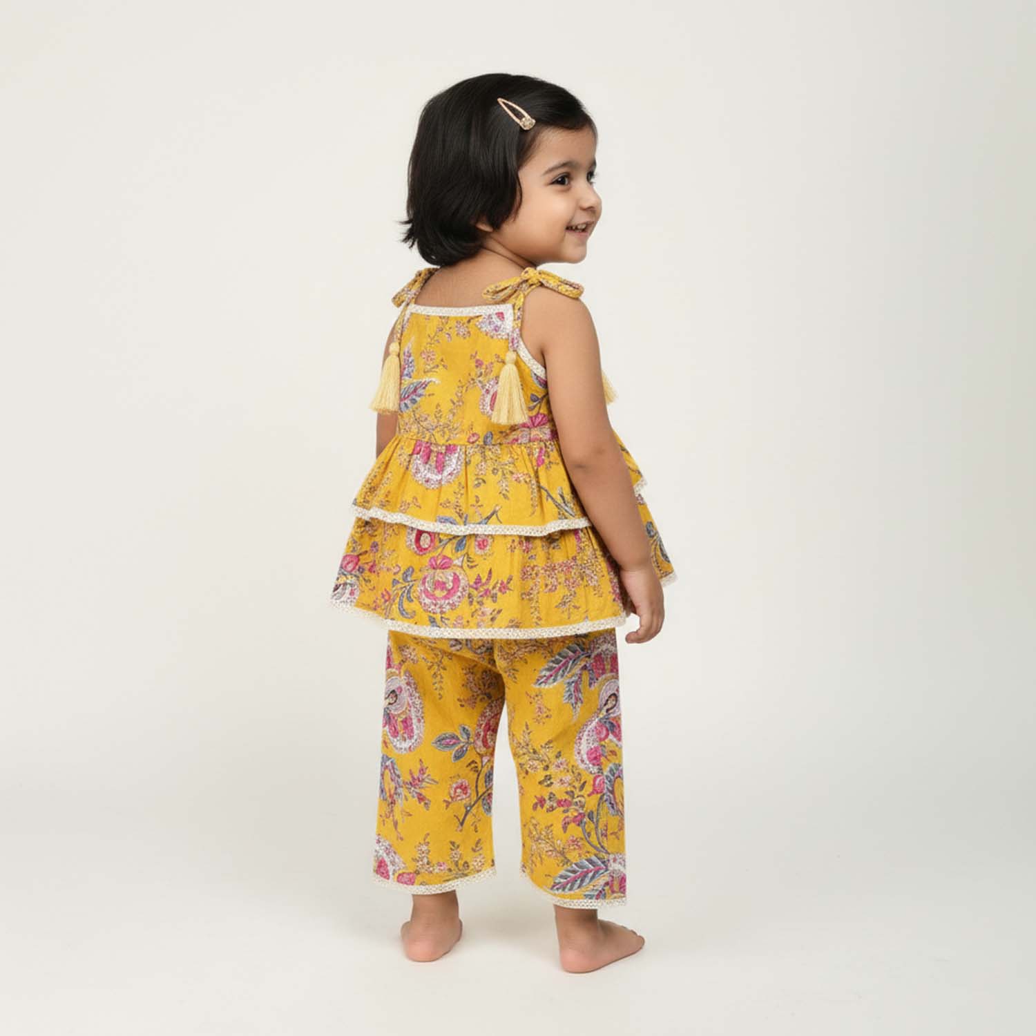 Baby Moo Floral Print Cotton Top & Pant Set - Mustard