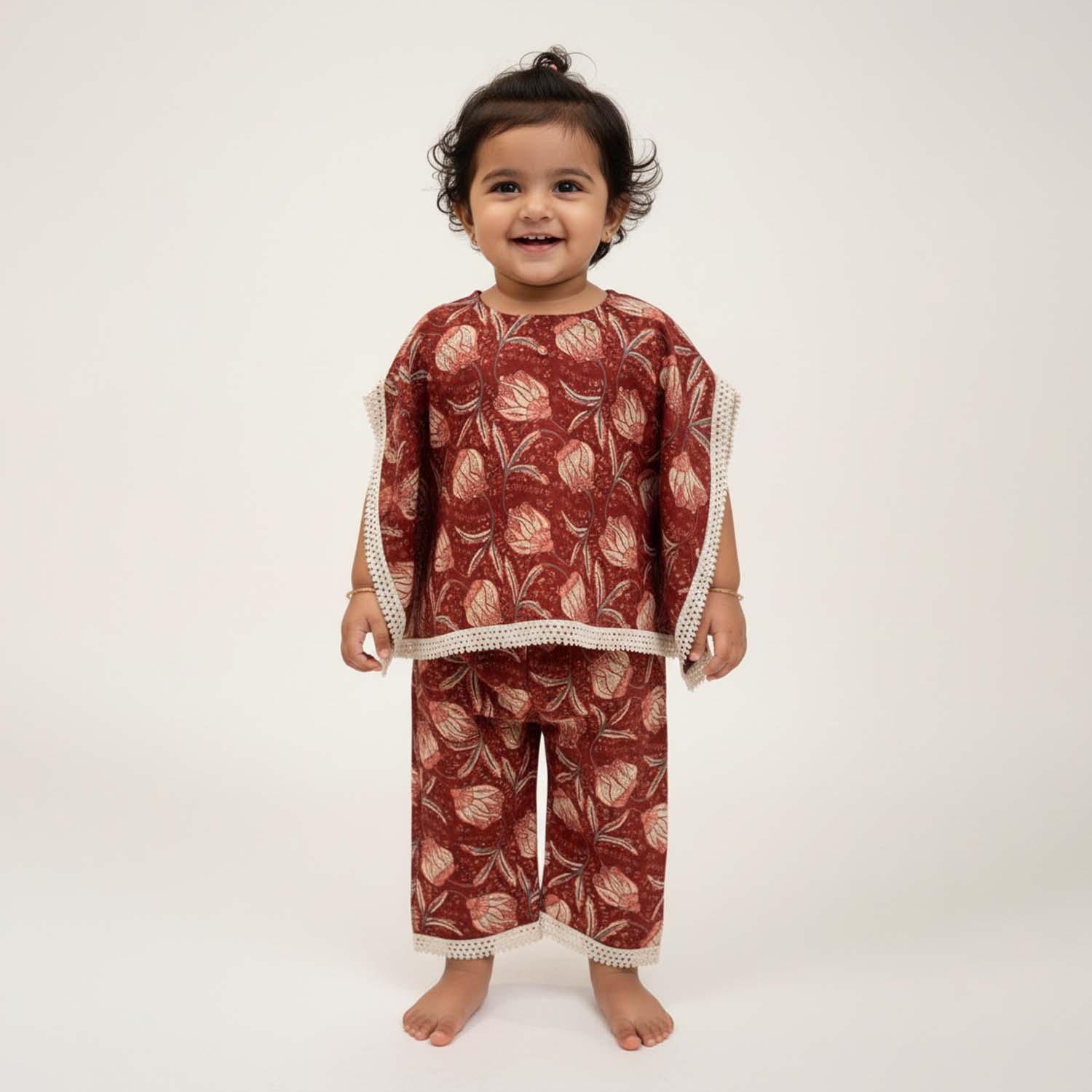 Baby Moo Peony Print Cotton Top & Pant Set - Maroon