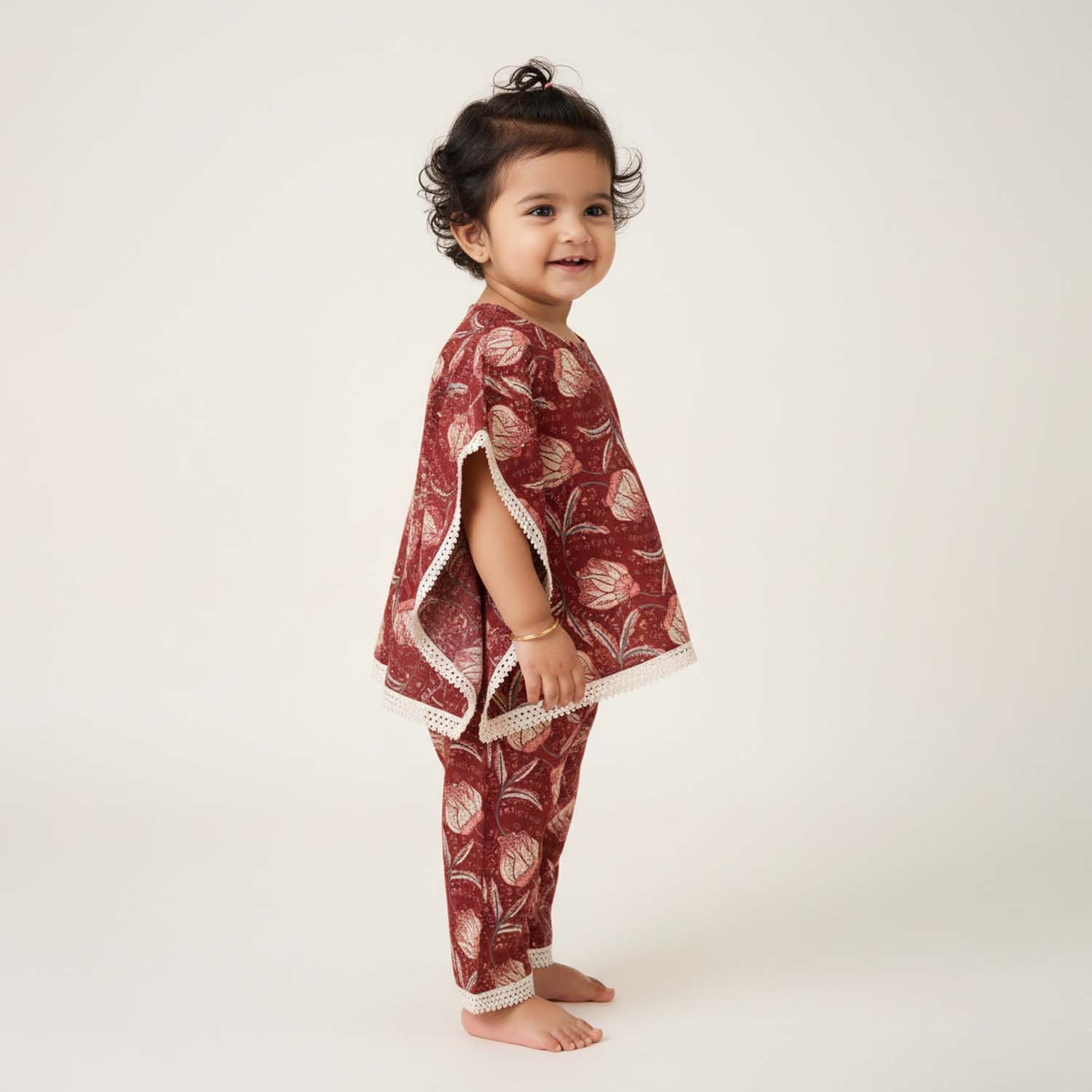 Baby Moo Peony Print Cotton Top & Pant Set - Maroon
