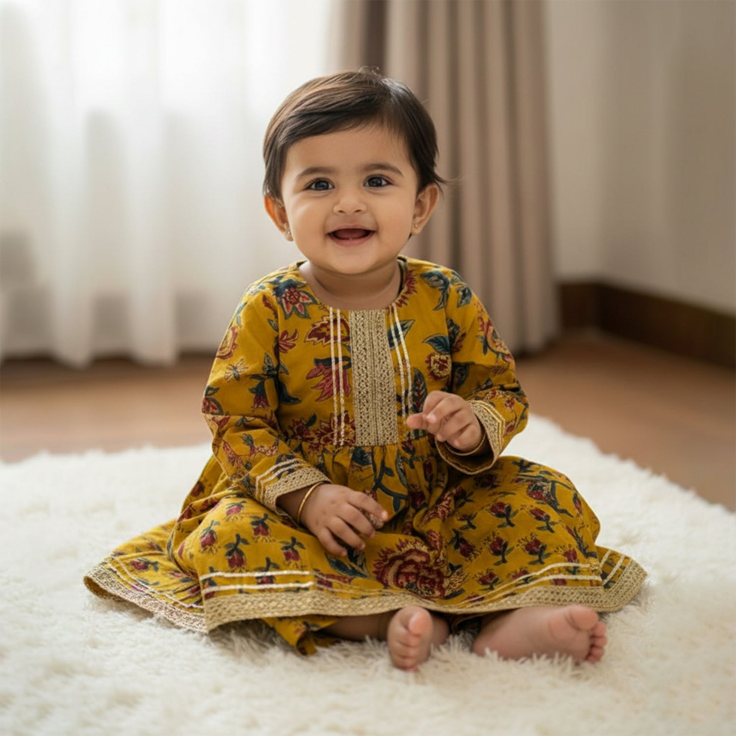 Baby Moo Floral Print Cotton Two Piece Girls Kurta Pant Set - Mustard