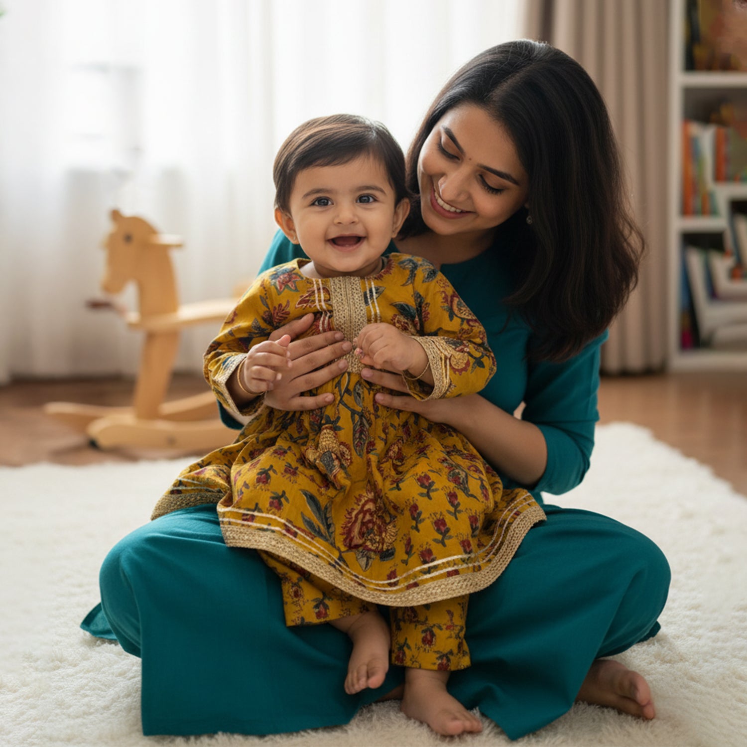 Baby Moo Floral Print Cotton Two Piece Girls Kurta Pant Set - Mustard