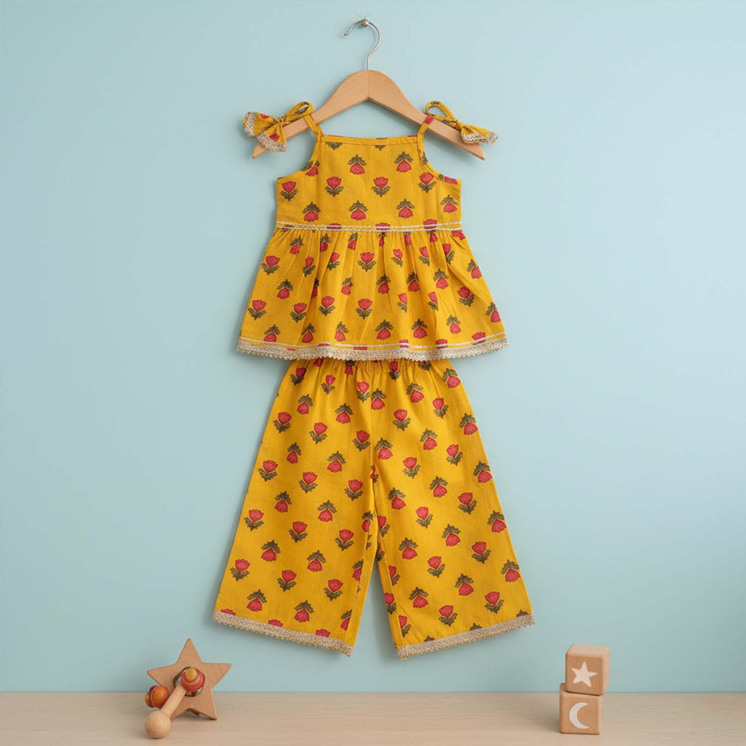 Baby Moo Rose Print Cotton Top & Pant Set - Yellow