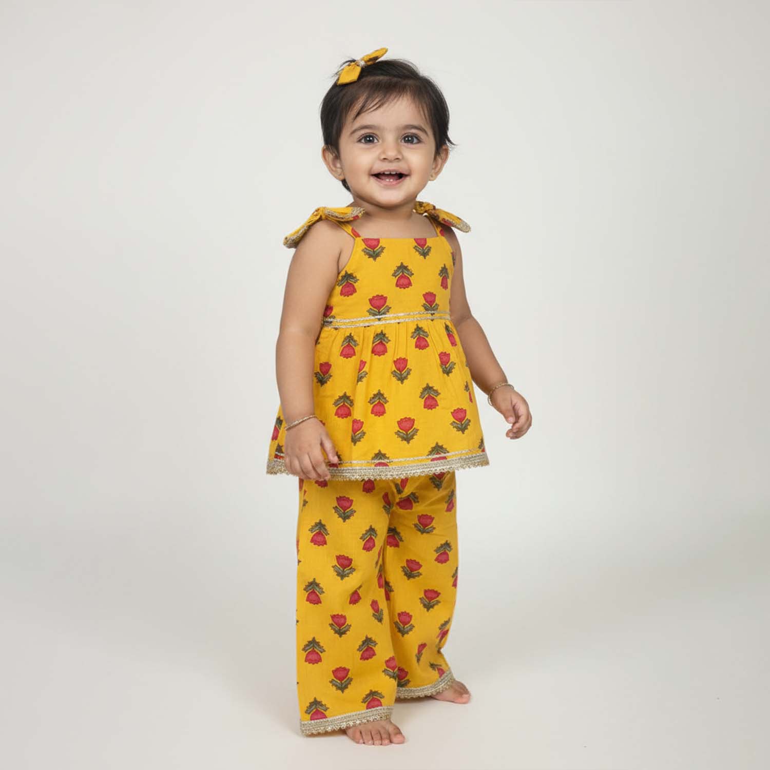Baby Moo Rose Print Cotton Top & Pant Set - Yellow