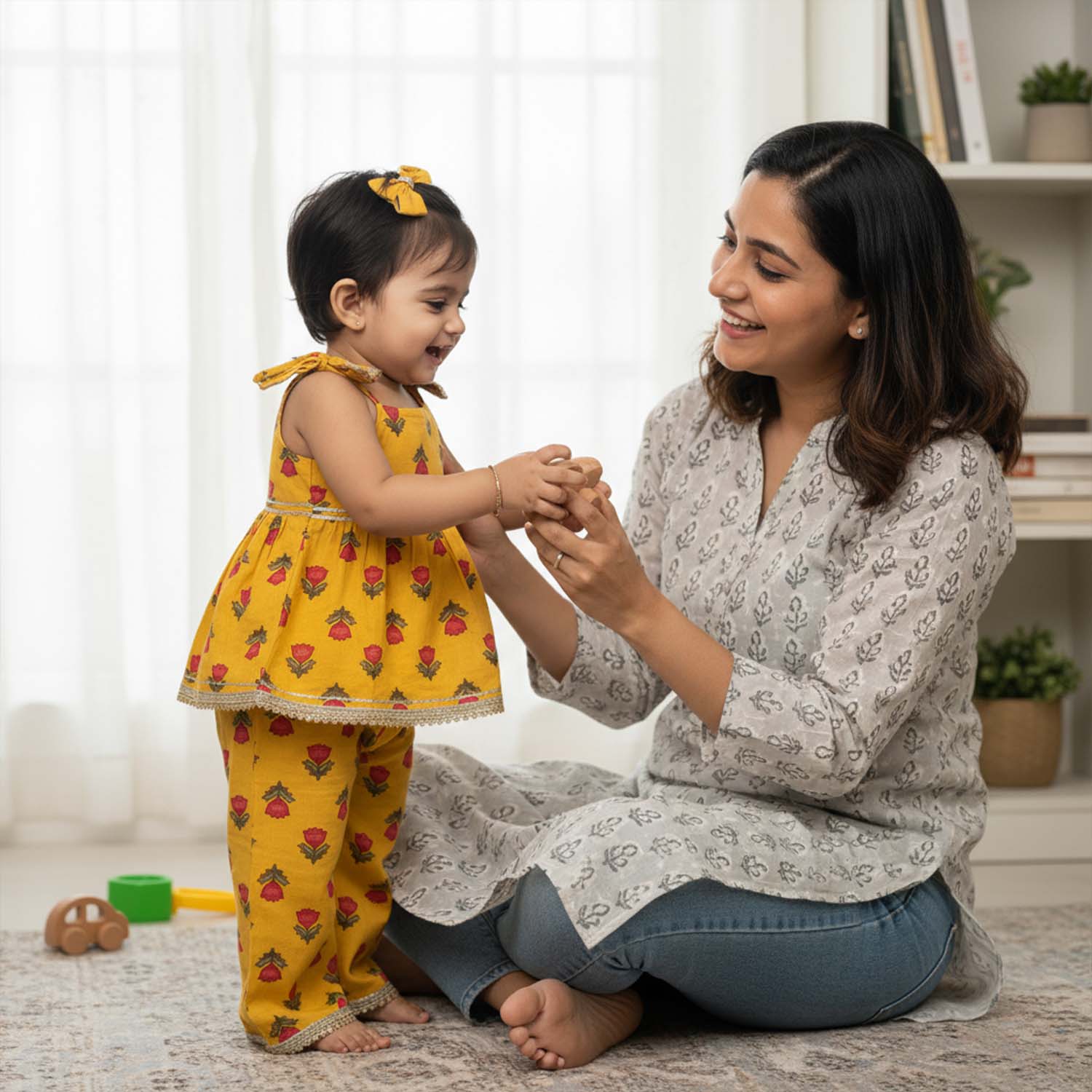 Baby Moo Rose Print Cotton Top & Pant Set - Yellow