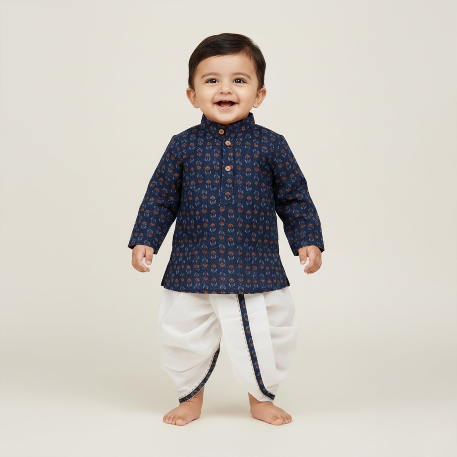 Baby Moo Floral Print Ethnic Boys Kurta Dhoti Set - Blue