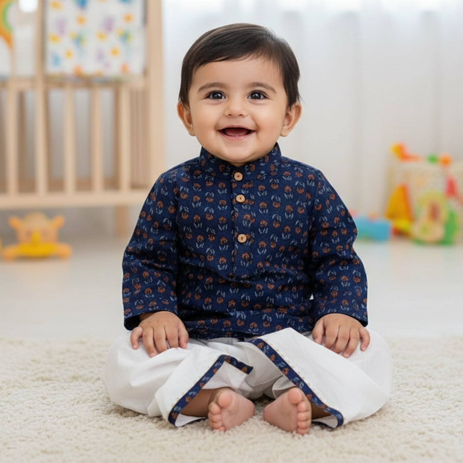 Baby Moo Floral Print Ethnic Boys Kurta Dhoti Set - Blue