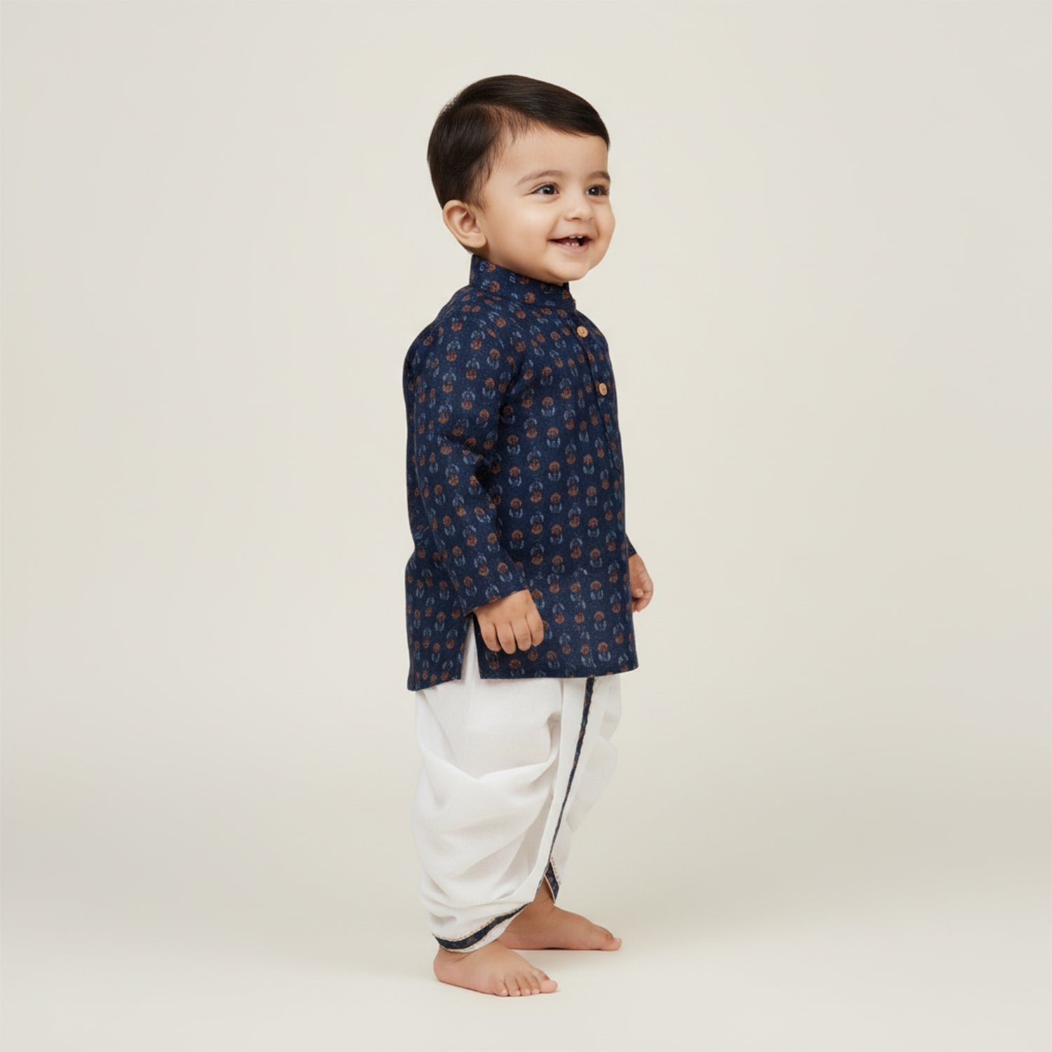 Baby Moo Floral Print Ethnic Boys Kurta Dhoti Set - Blue