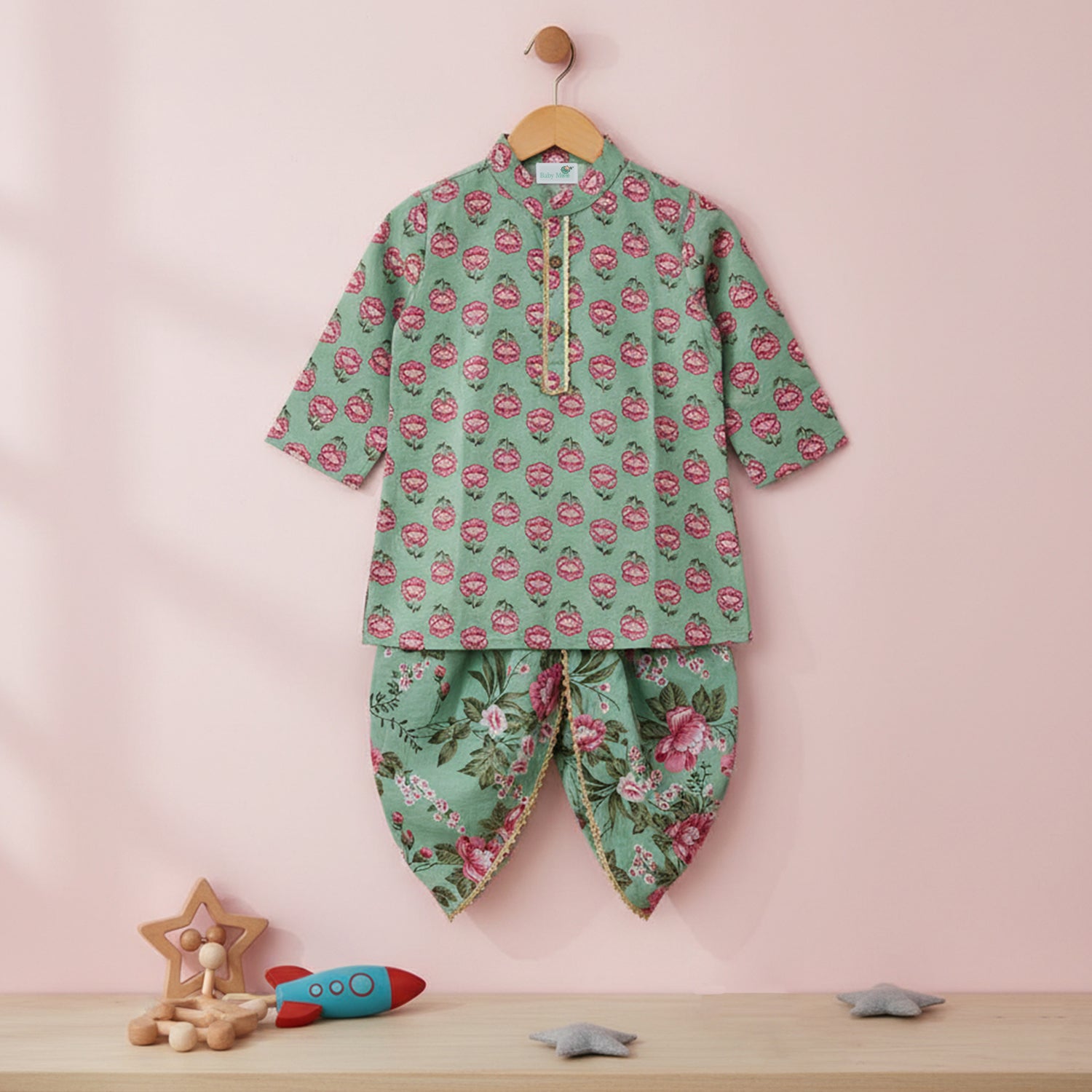 Baby Moo Floral Print Ethnic Boys Kurta Dhoti Set - Light Green