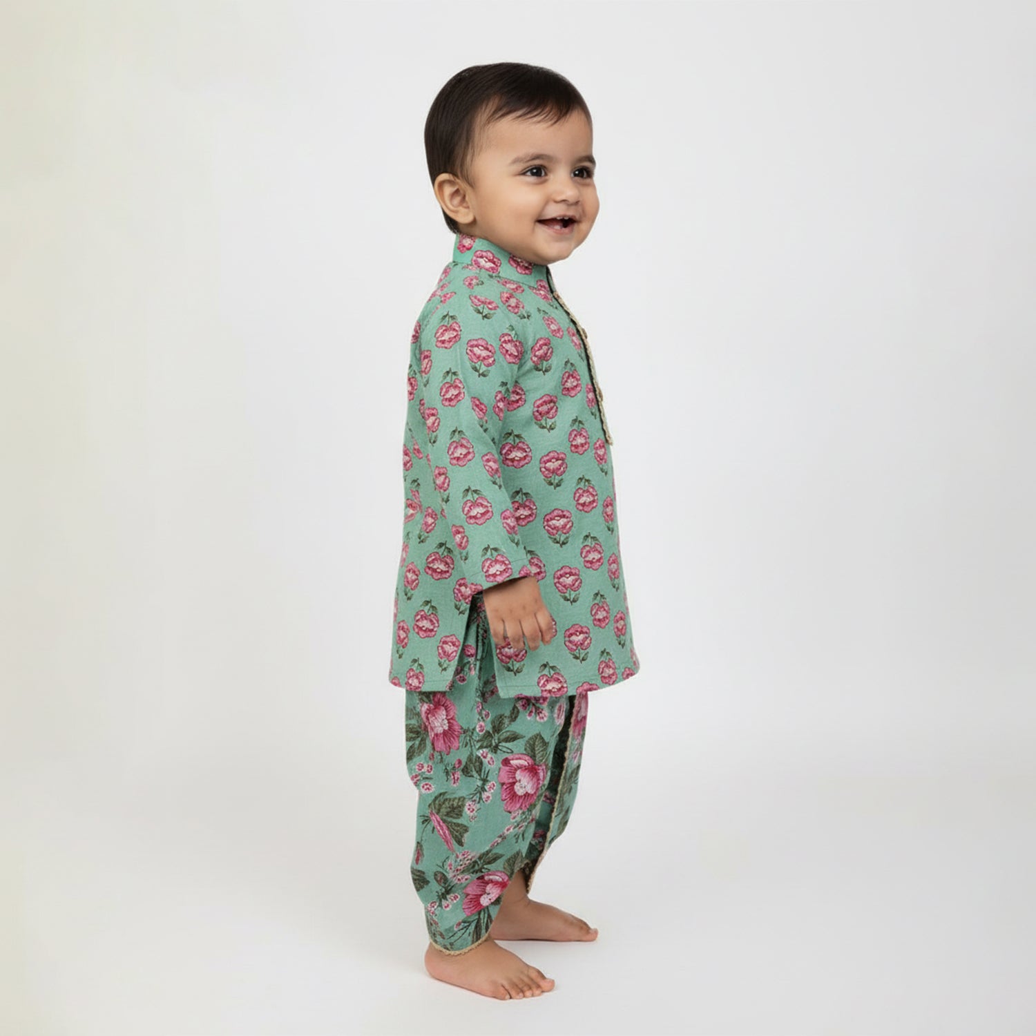 Baby Moo Floral Print Ethnic Boys Kurta Dhoti Set - Light Green