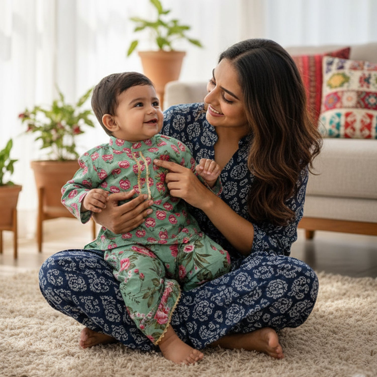 Baby Moo Floral Print Ethnic Boys Kurta Dhoti Set - Light Green