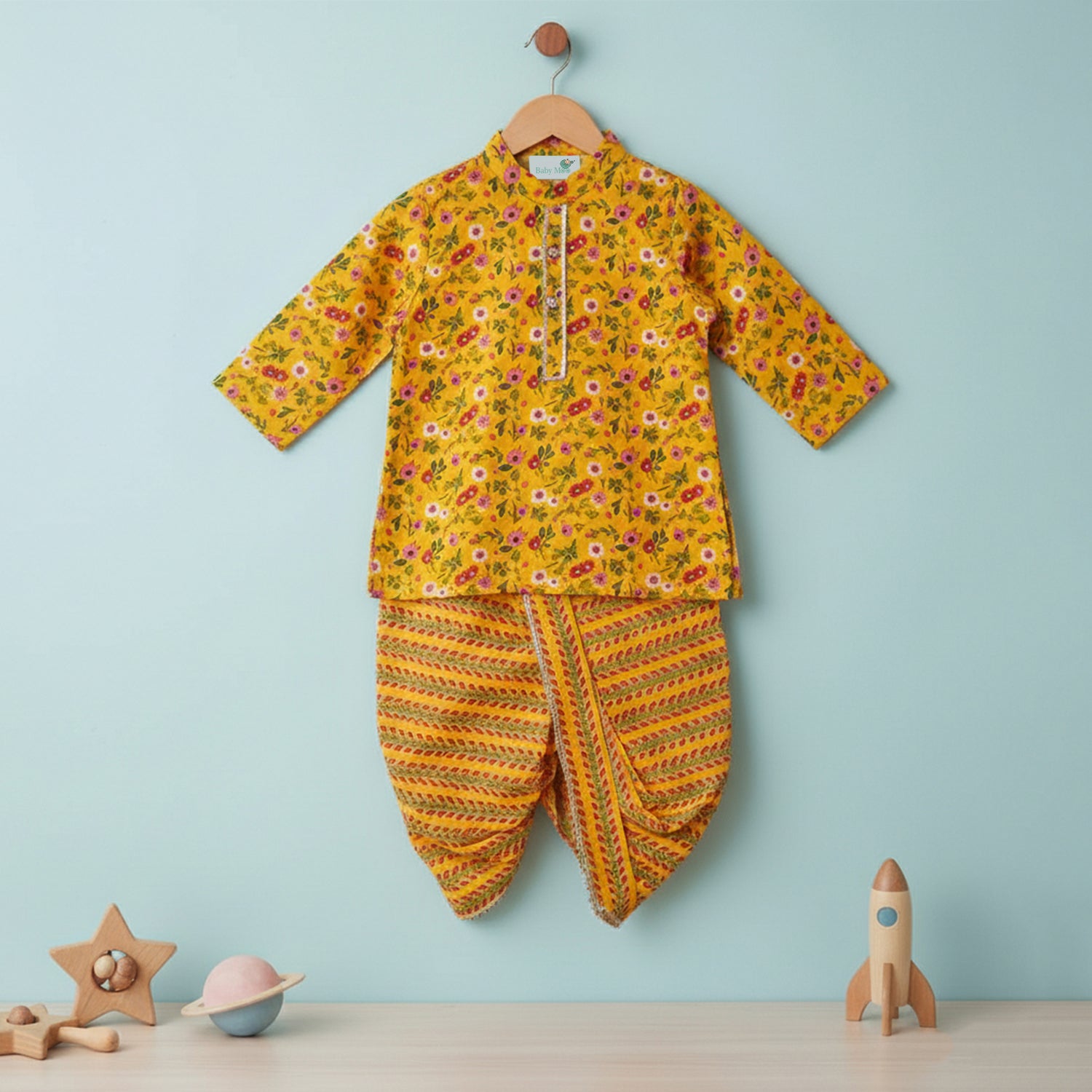 Baby Moo Floral Print Ethnic Boys Kurta Dhoti Set - Yellow