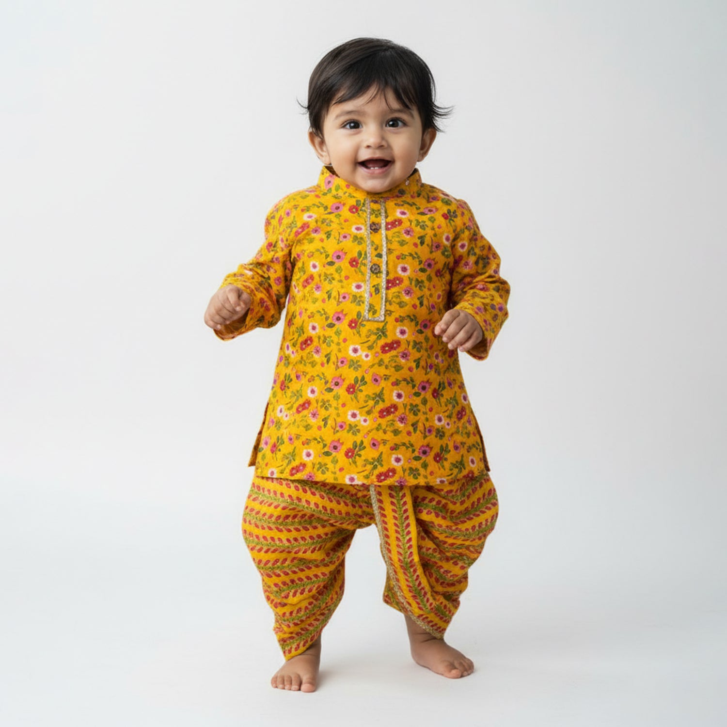 Baby Moo Floral Print Ethnic Boys Kurta Dhoti Set - Yellow