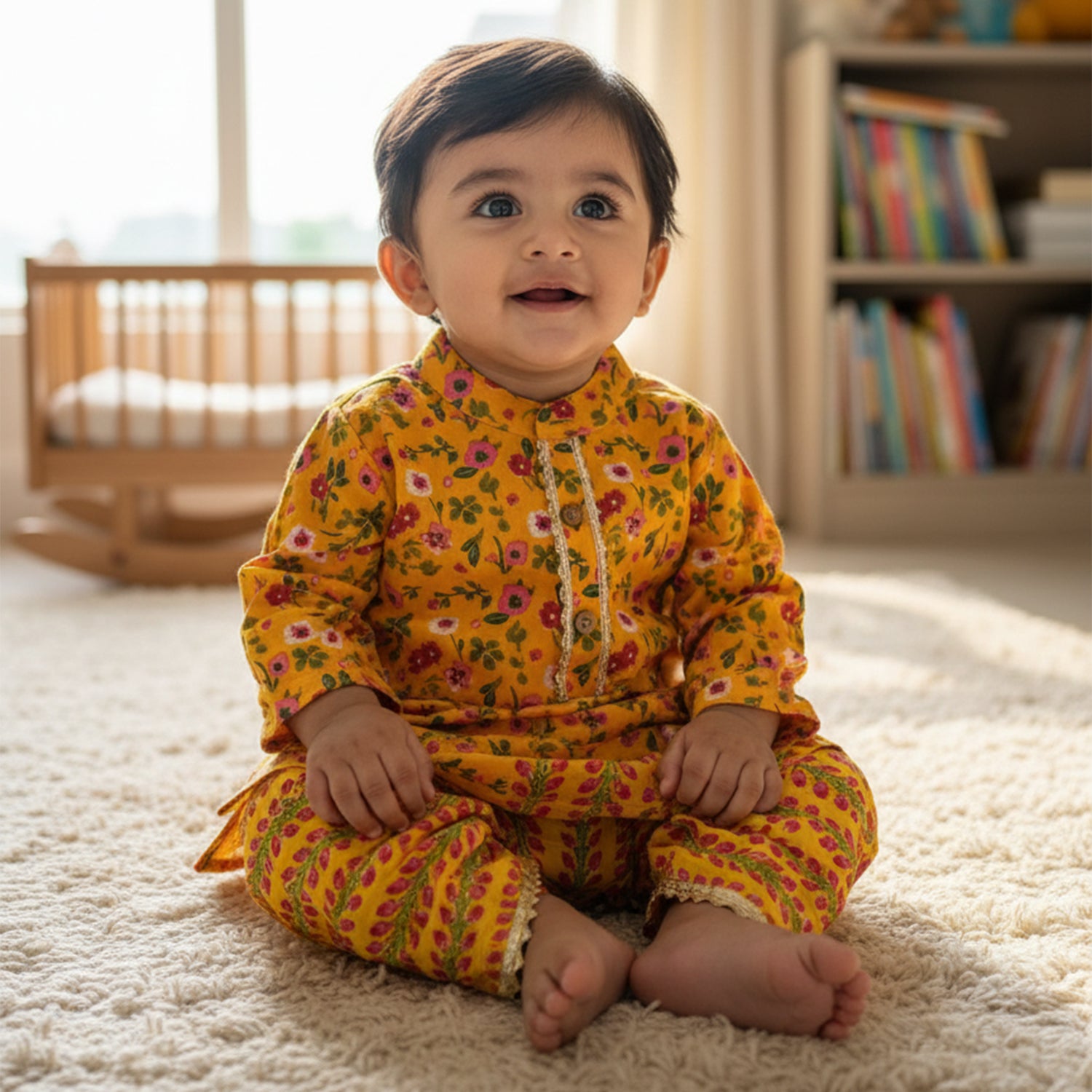 Baby Moo Floral Print Ethnic Boys Kurta Dhoti Set - Yellow