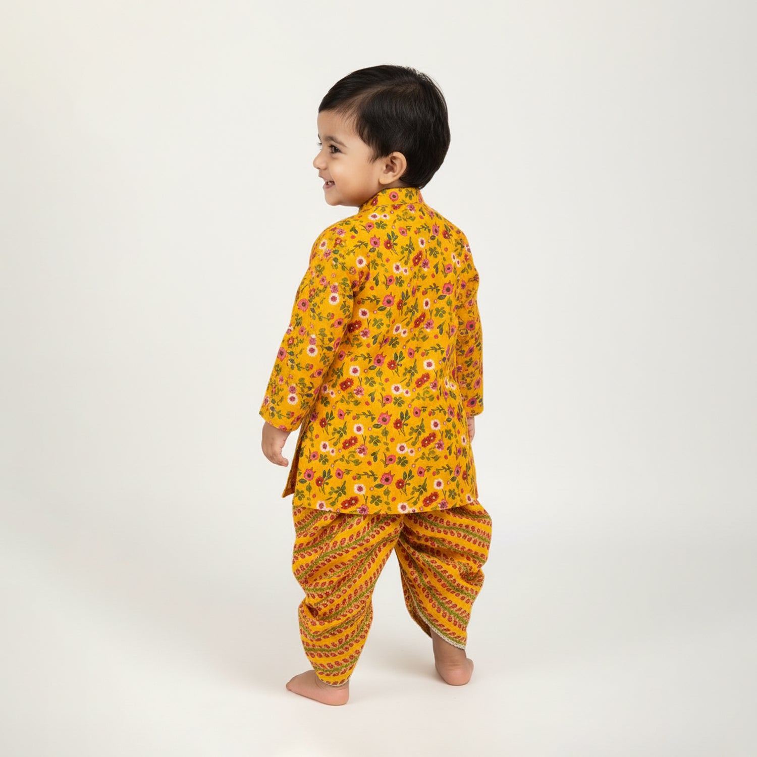 Baby Moo Floral Print Ethnic Boys Kurta Dhoti Set - Yellow