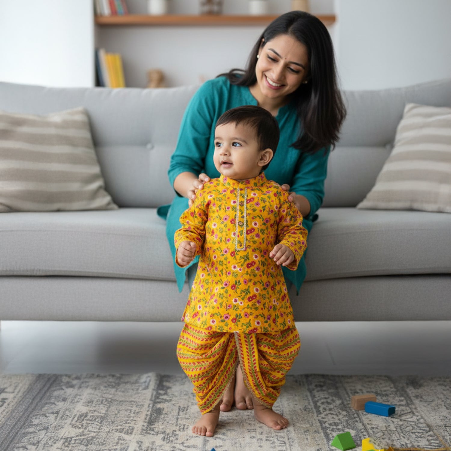 Baby Moo Floral Print Ethnic Boys Kurta Dhoti Set - Yellow
