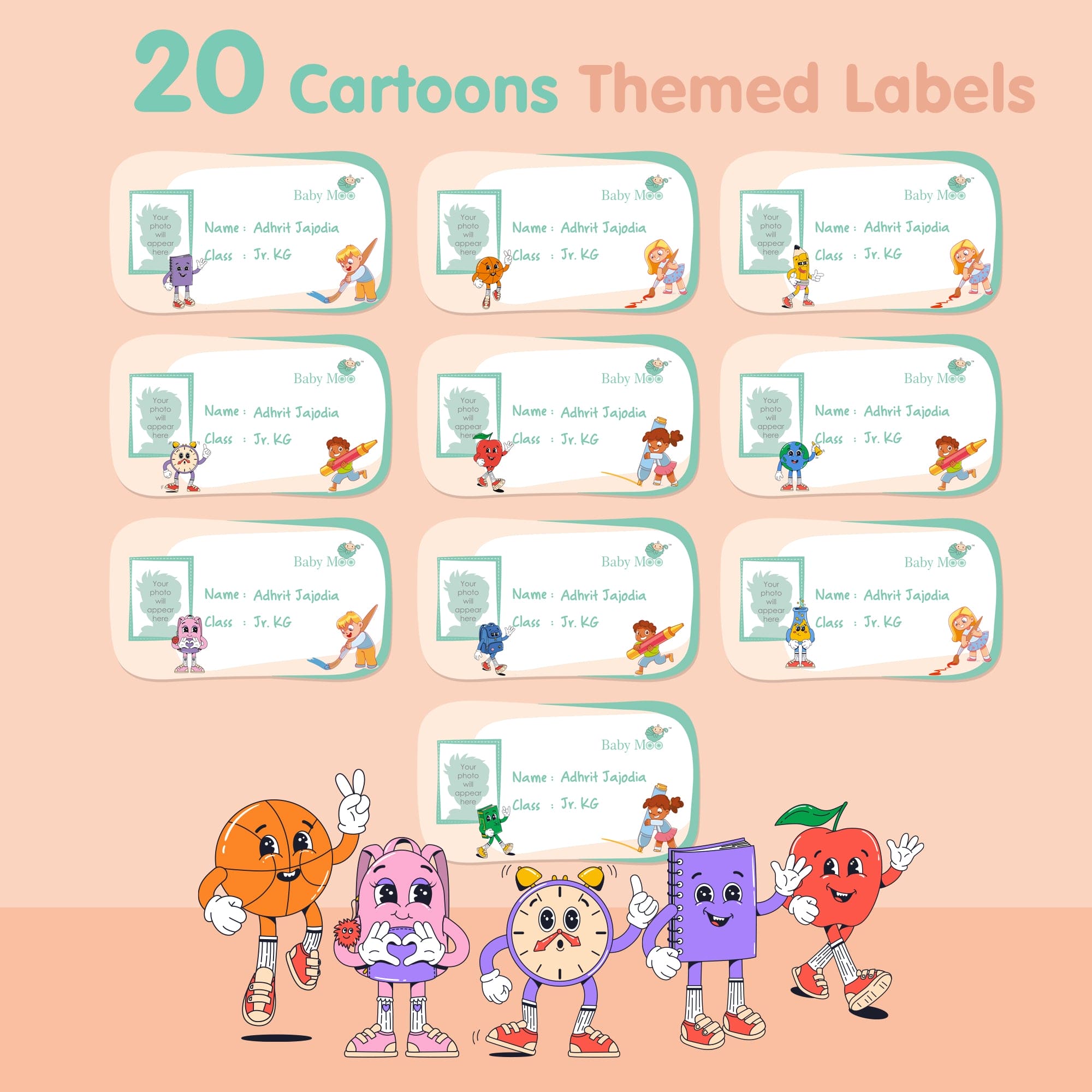 Baby Moo Space And Cartoons Personalised Photo And Name Waterproof Labels 40 Pcs Stationery Set For Children - Multicolour
