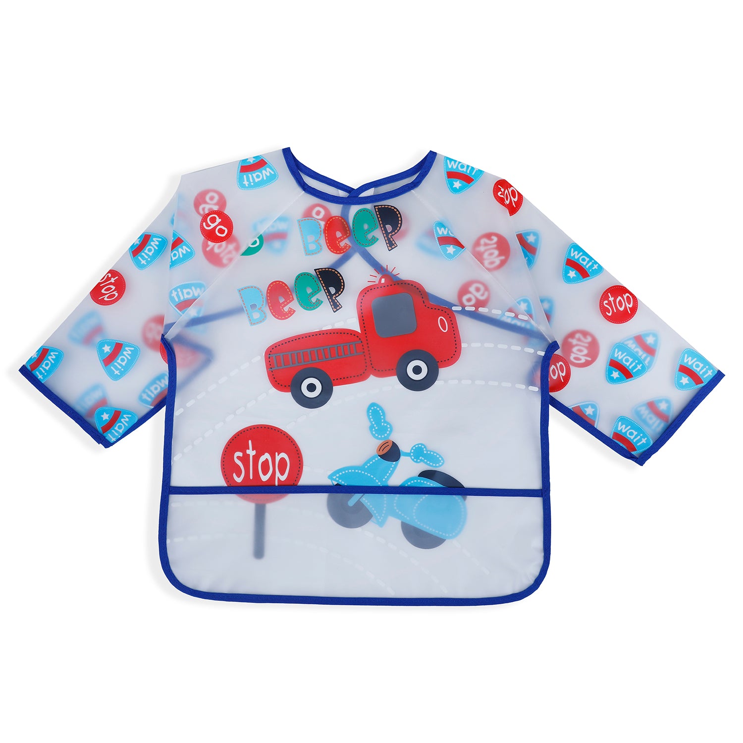 Baby Moo Beep Beep Car Long Sleeves Waterproof Wear Me Bib - Blue - Baby Moo