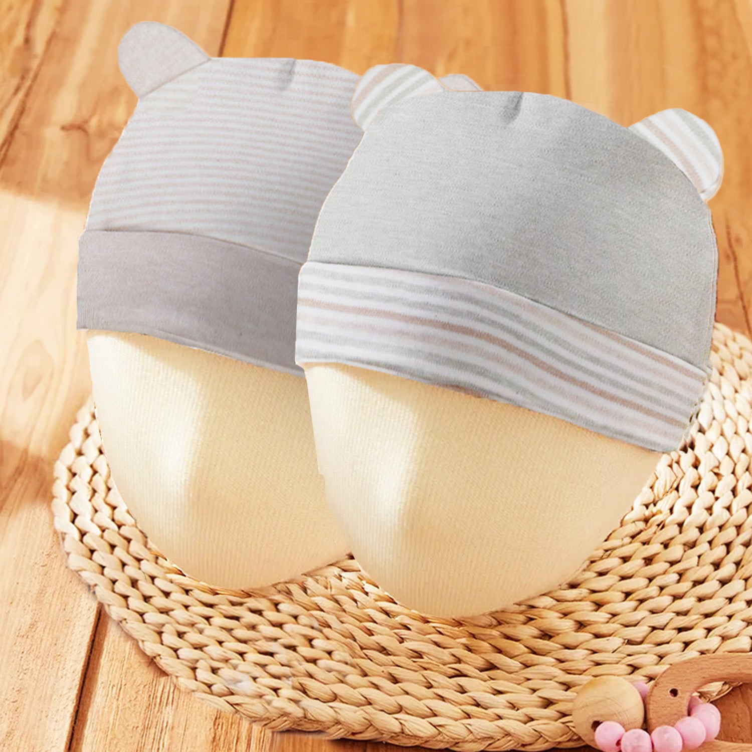 Baby Moo Striped And Plain Organic Soft Cotton Pack of 2 Caps - Grey - Baby Moo