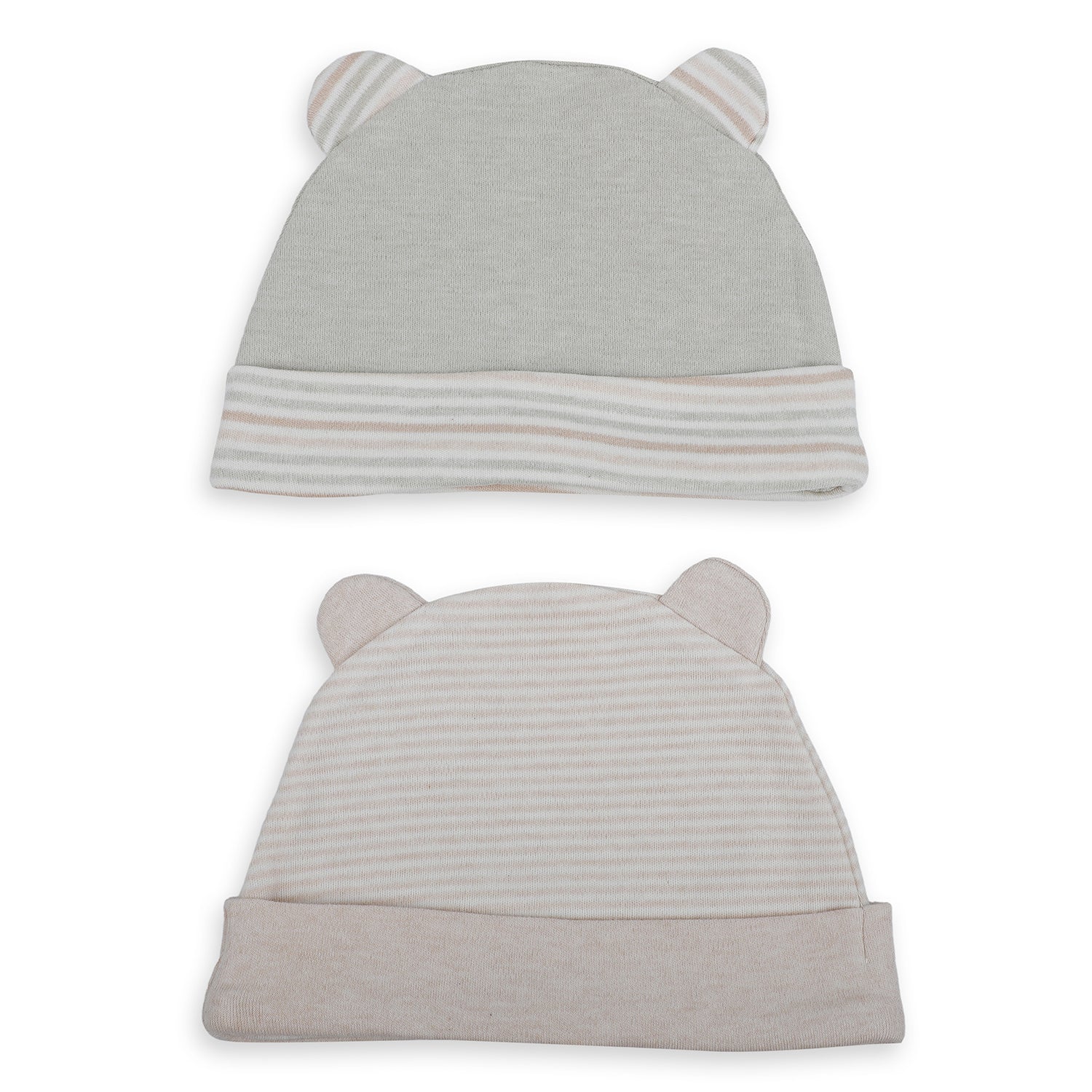 Baby Moo Striped And Plain Organic Soft Cotton Pack of 2 Caps - Grey - Baby Moo