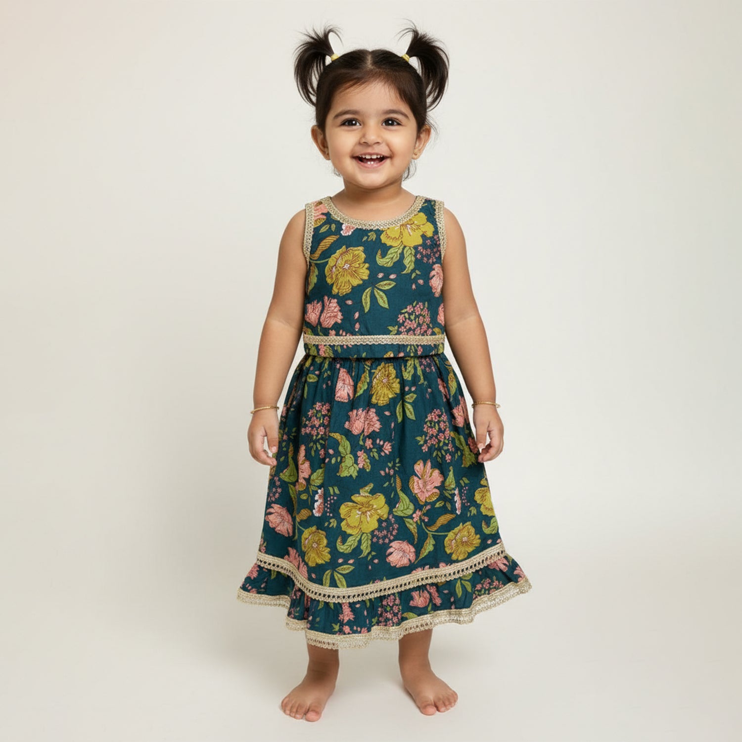Baby Moo Floral Print Sleeveless Two Piece Lehenga Blouse Set - Peacock Green