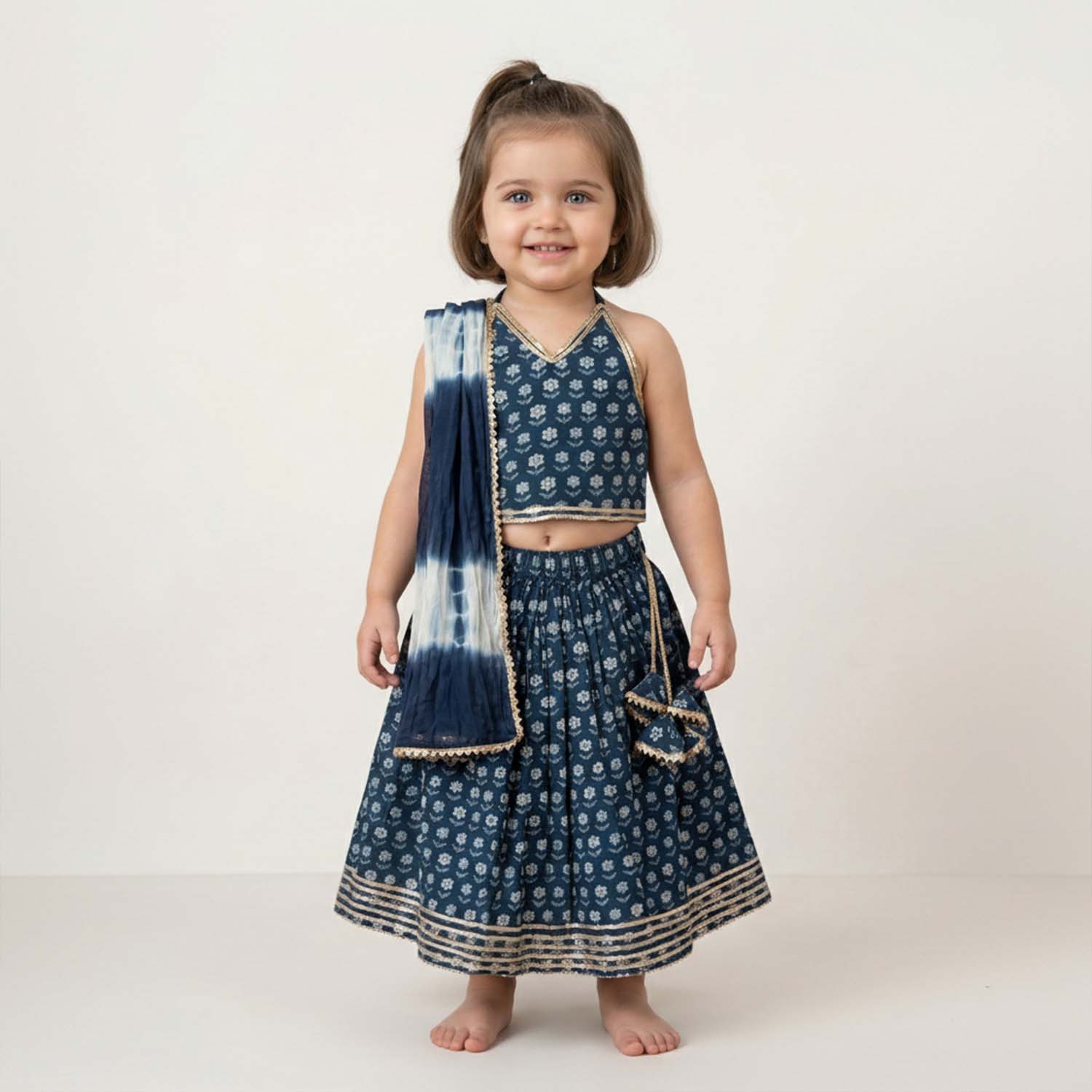 Baby Moo Wild Flower Choli Lehenge Set with Dupatta - Blue