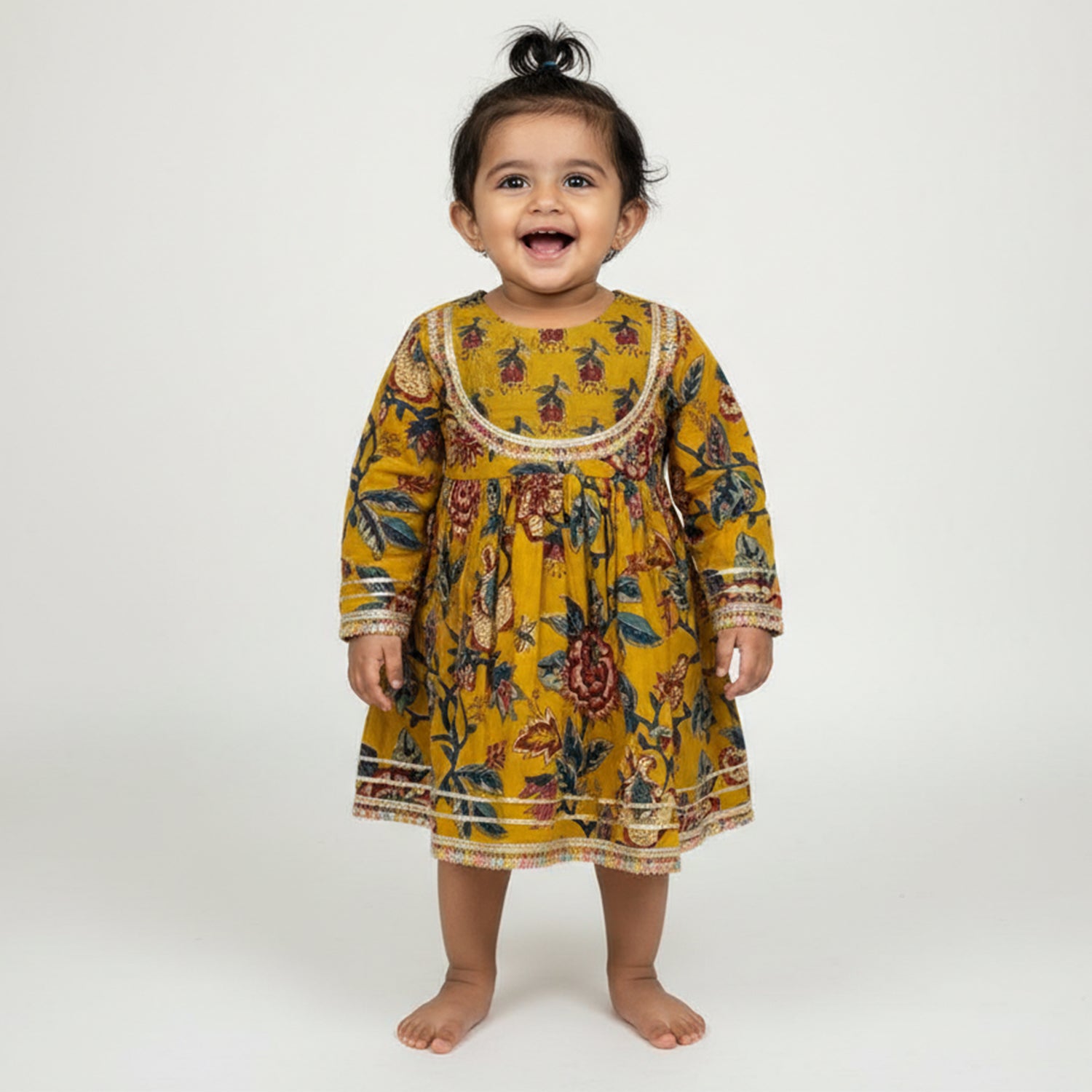 Baby Moo Floral Print Cotton Knee Length Ethnic Dress - Yellow
