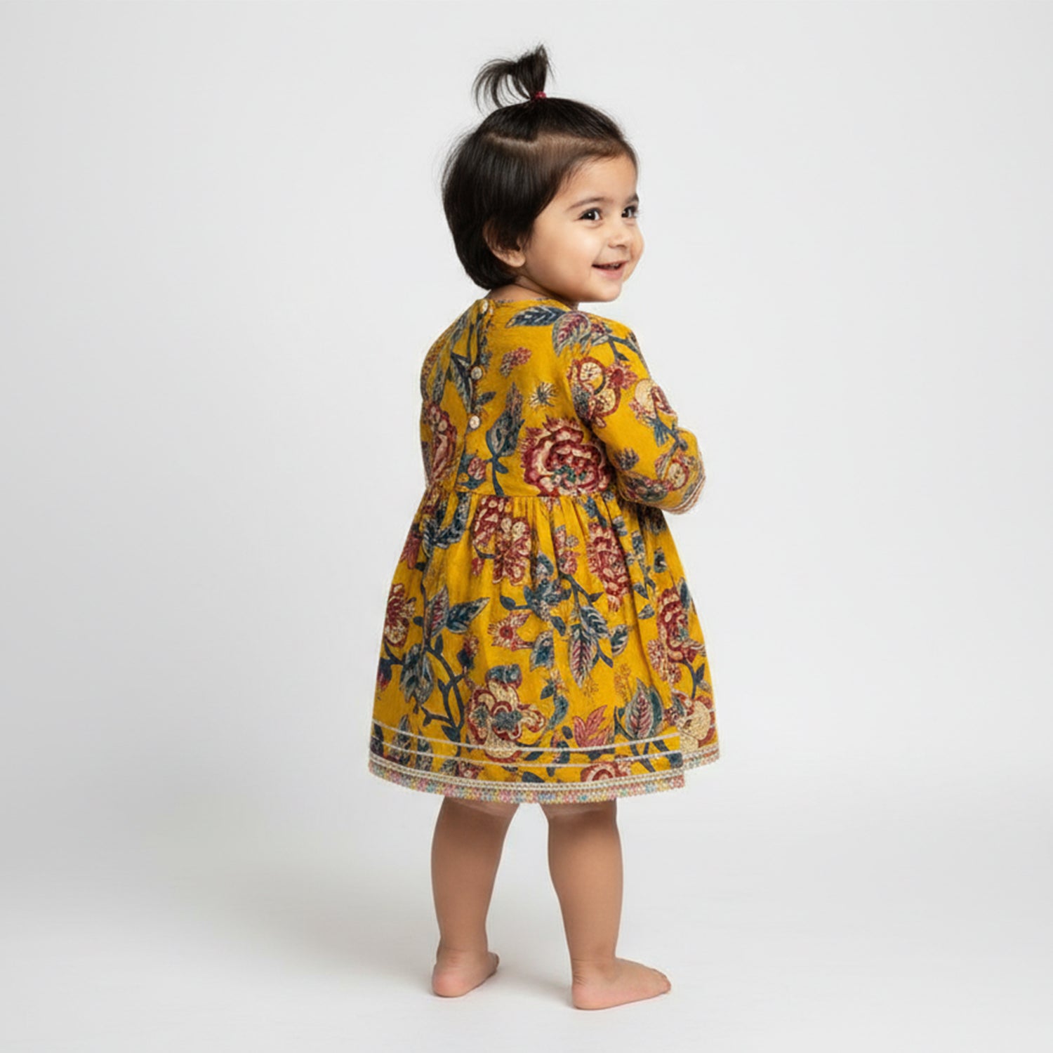 Baby Moo Floral Print Cotton Knee Length Ethnic Dress - Yellow