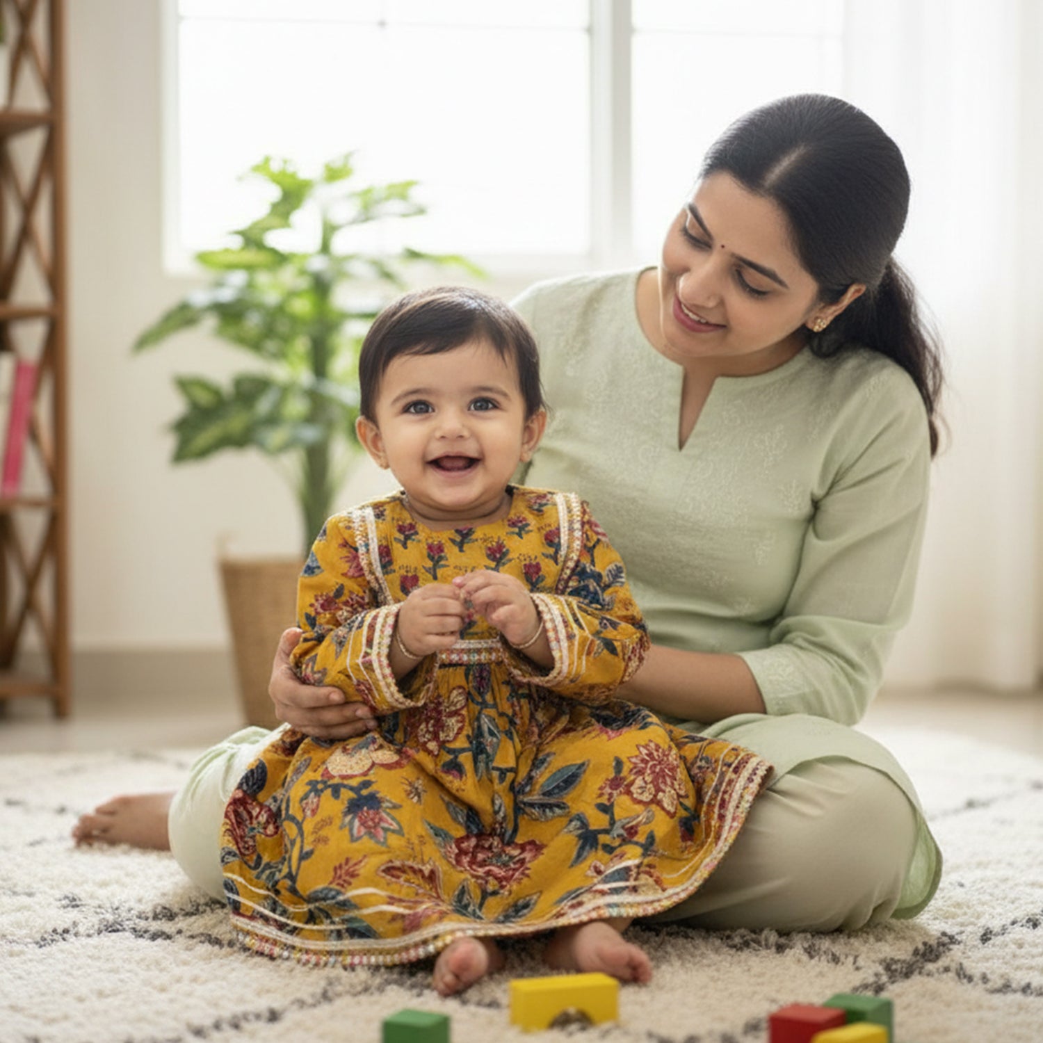 Baby Moo Floral Print Cotton Knee Length Ethnic Dress - Yellow