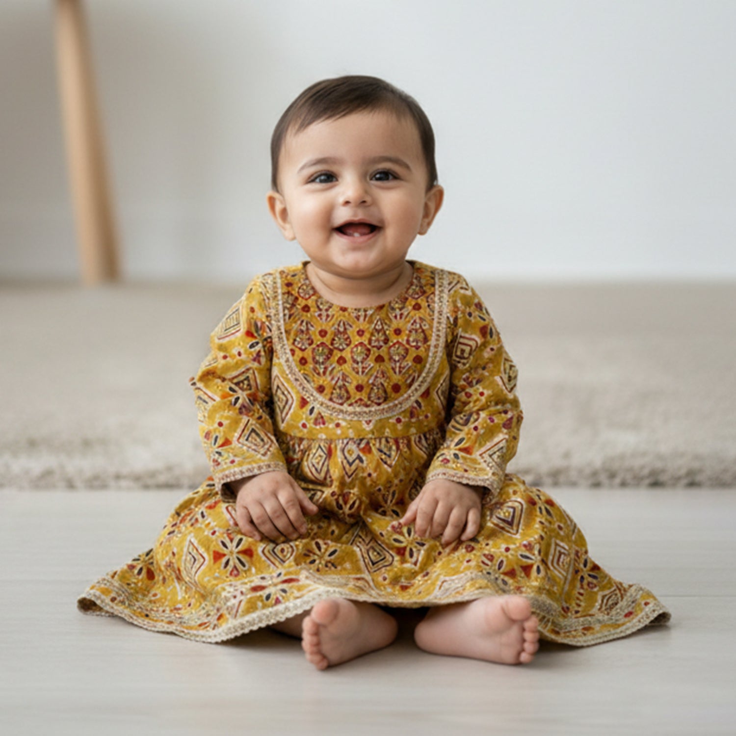 Baby Moo All Over Print Two Piece Lehenga Blouse Set - Mustard